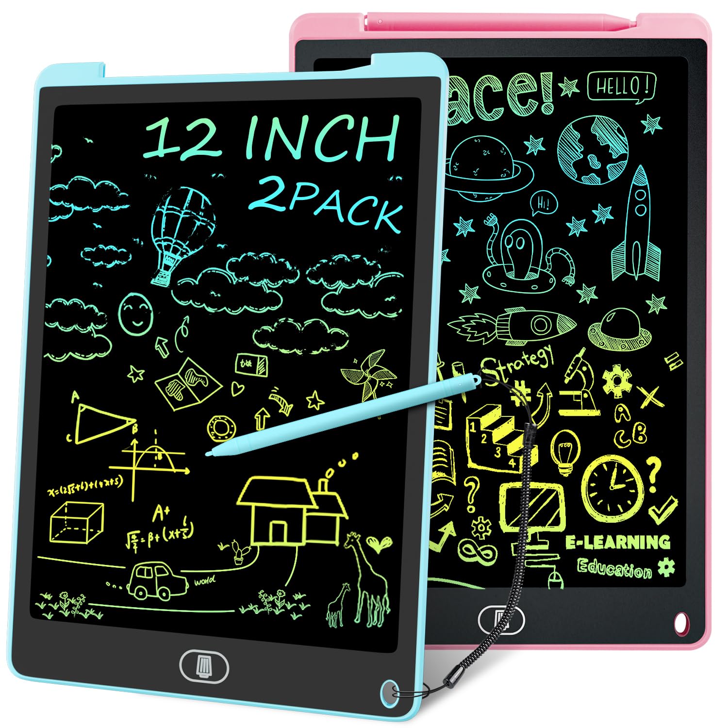 Electight 12 Inch 2 Pack LCD Drawing Tablet Kids Colorful Writing Pad, Writing Boards, Reusable Drawing Board Toddler Preschool Educational Toys Gifts for Kids 3 4 5 6 7 Year Old Boys Girls