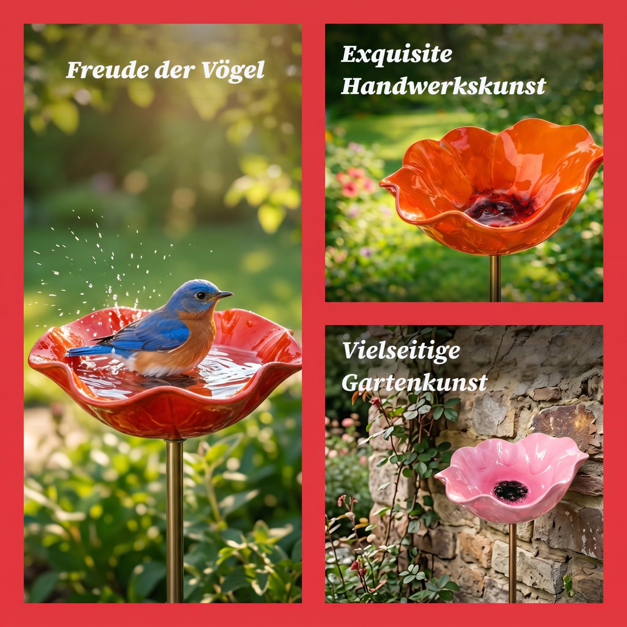 3 Stück Vogeltränke Blume aus Metall, Blumen Gartenstecker Vogeltränke, Handgefertigter Gartenstecke, Insektentränke Gartens, für Garten, Vögel, Bienen, Schmetterlinge (Rot, Gelb, Rosa)
