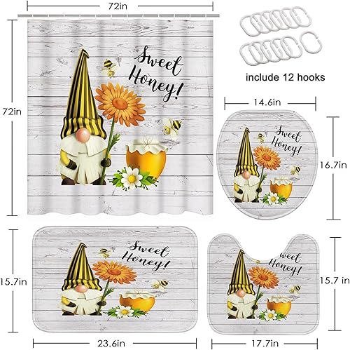 Miniatura 2 de Subwest Juego de 4 cortinas de ducha con diseño de gnomo, lindo tarro de flores de elfo enano, abeja, rústico, tablero a rayas de madera blanca con