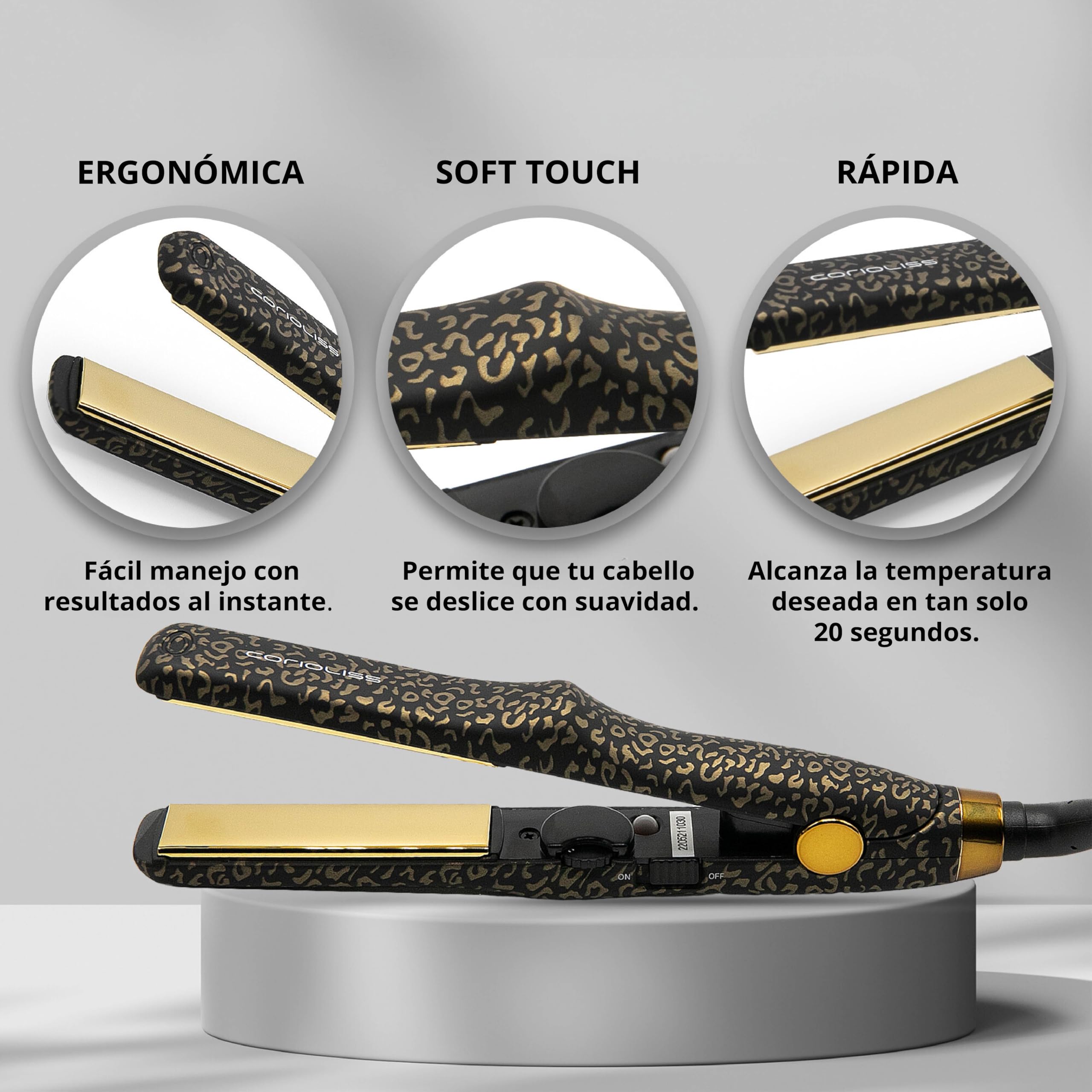 Corioliss C Trip Mini Plancha Pelo Viaje | Placas de Titanio | Pelo Corto | Control de temperatura 150º-200º Leopard Gold