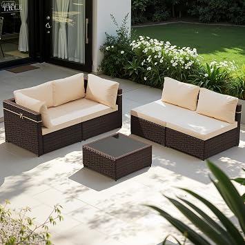 5-Piece Outdoor Sectional Sofa Set, All-Weather Brown Wicker Patio Conversation Set with Beige Cushions for Deck, Backyard