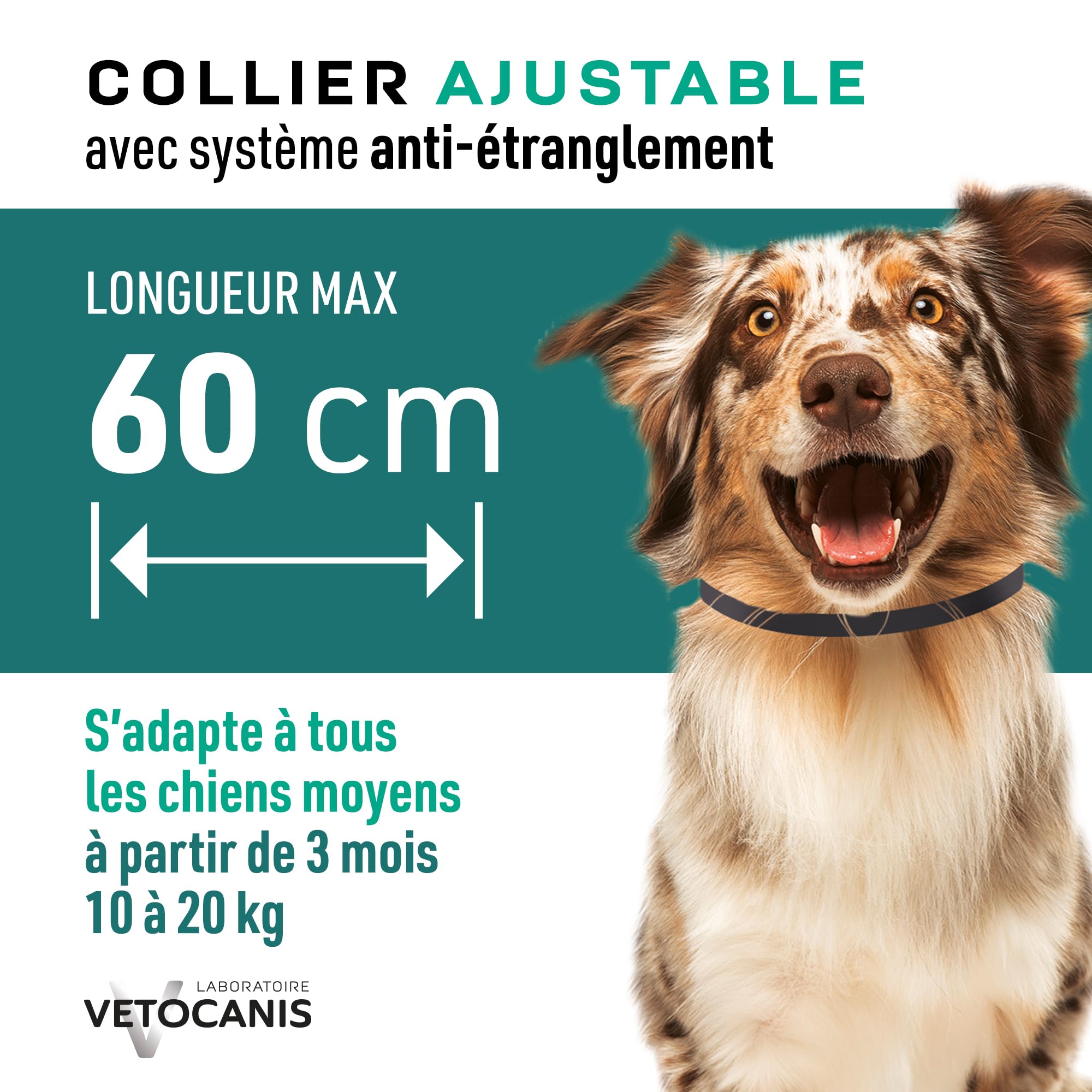 Vetocanis, Collier Anti Puces pour Chien, Répulsif Puces, Tiques, Moustiques, Protection 3 mois, Antiparasitaire Chien de 10 à 20 kg, Aux Extraits de Margosa et Lavandin