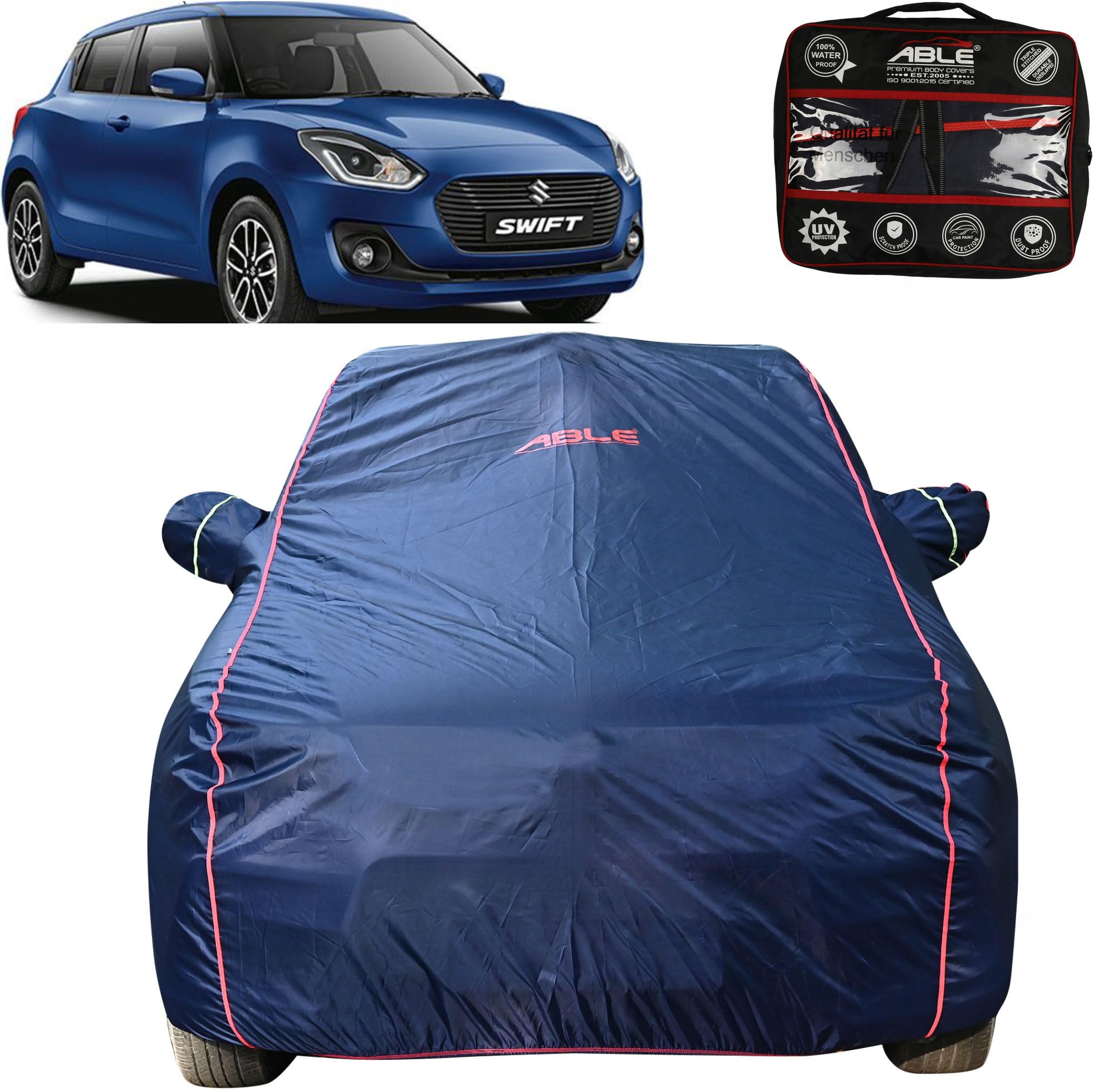 Able Parashuit Blue WR Series Car Body Cover with Mirror Pockets and Driver Door Zipper Compatible for Maruti Swift New Type-III (2017 to Till Now Model)