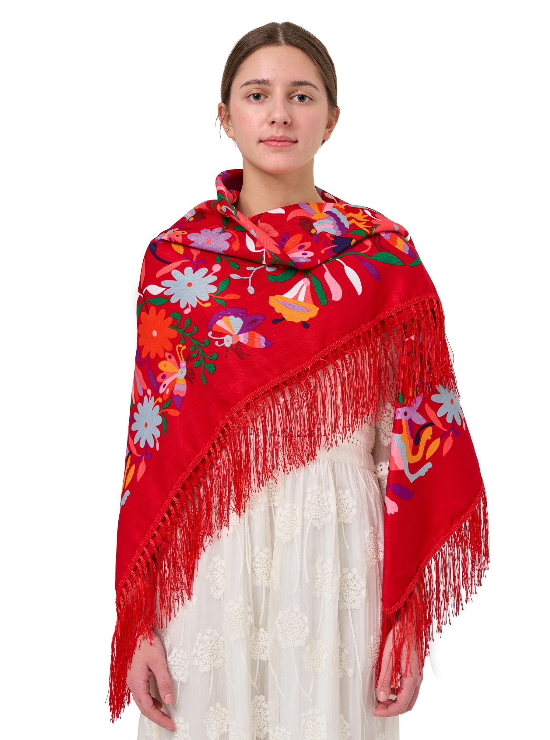 YHDDYG Traditional Mexican Rebozo Shawl Scarf Wrap Tassel Fringes Cinco de Mayo Scarf Ethnic Shawl N1, Red, 54.3 inches by 54.3 inches