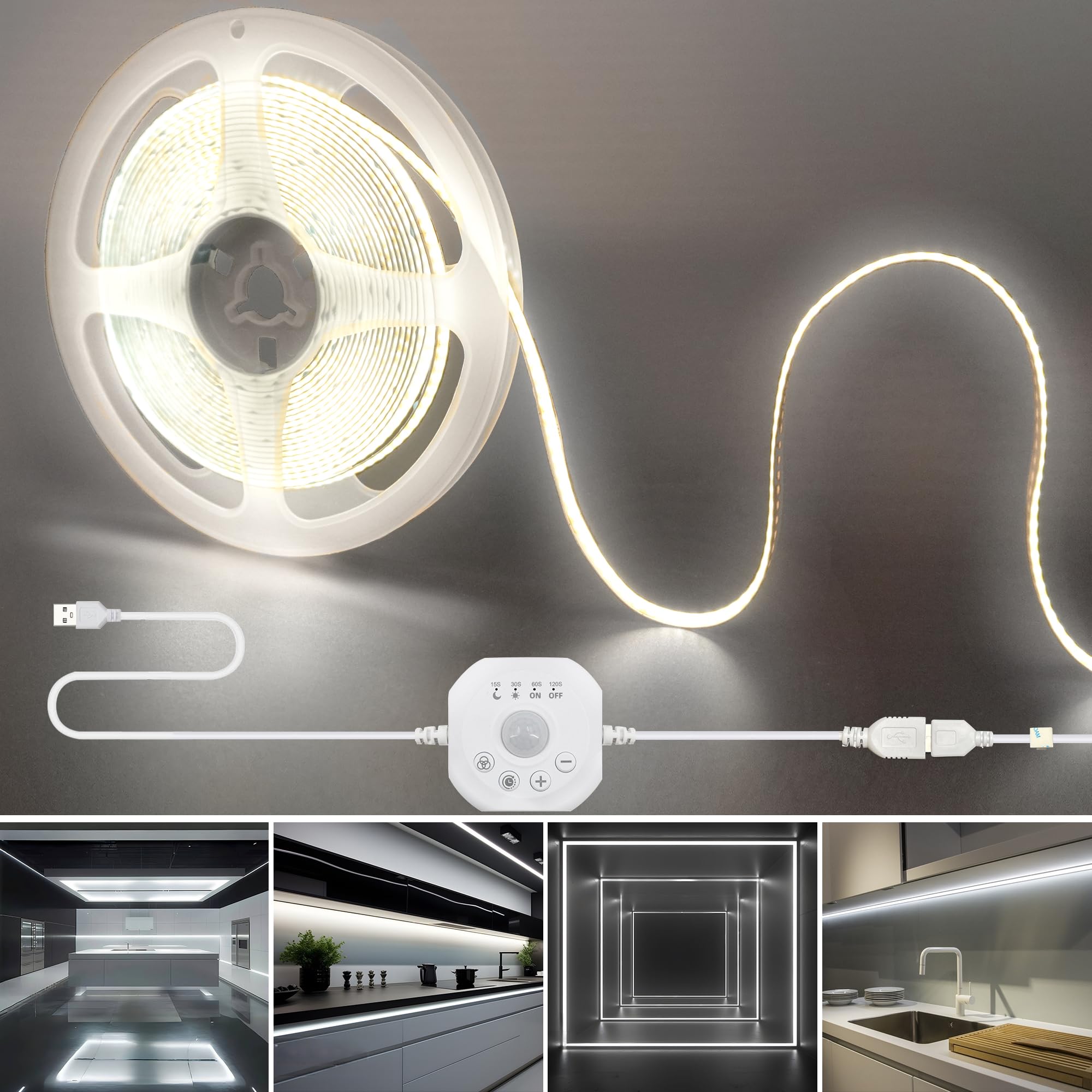 Clearhill 5V Motion Sensor Dimmer 320LED Strip Lights,Day or Night 2 Lighting Modes,Time-delay and Brightness Adjustable,9.84FT/3M,Cool White 6500K,8mm Width,for Closet,Kitchen