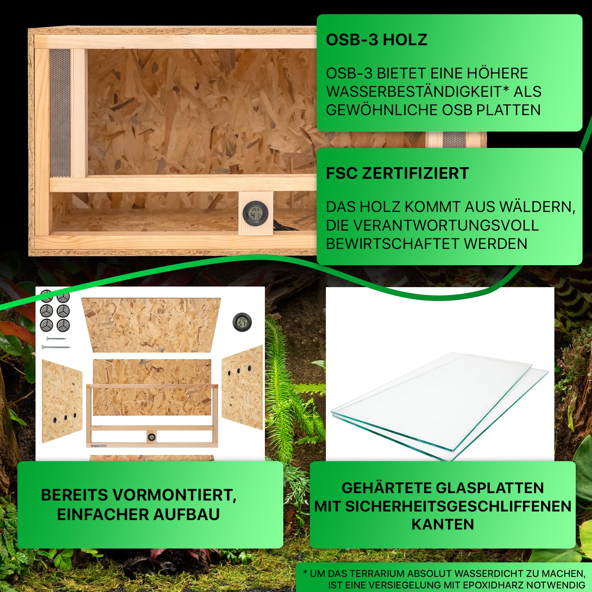 ITA Holz Terrarium 80x40x40 cm mit Frontbelüftung & Integriertem Hygrometer - Holzterrarium aus OSB-3 Platten - Terrarien für Reptilien, Schlangen, Amphibien - EU Produkt, FSC Zertifiziert