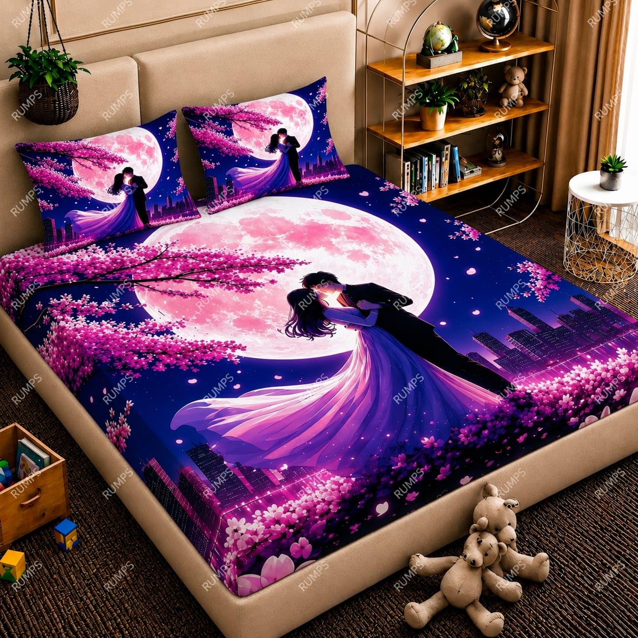 RUMPS 7D Romantic Moonlight Couple Printed Flat Bedsheet King Size 90x100 Inch with 2 Pillow Covers 16x26 Inch | Luxury Love Theme Microfiber Double Bedsheet