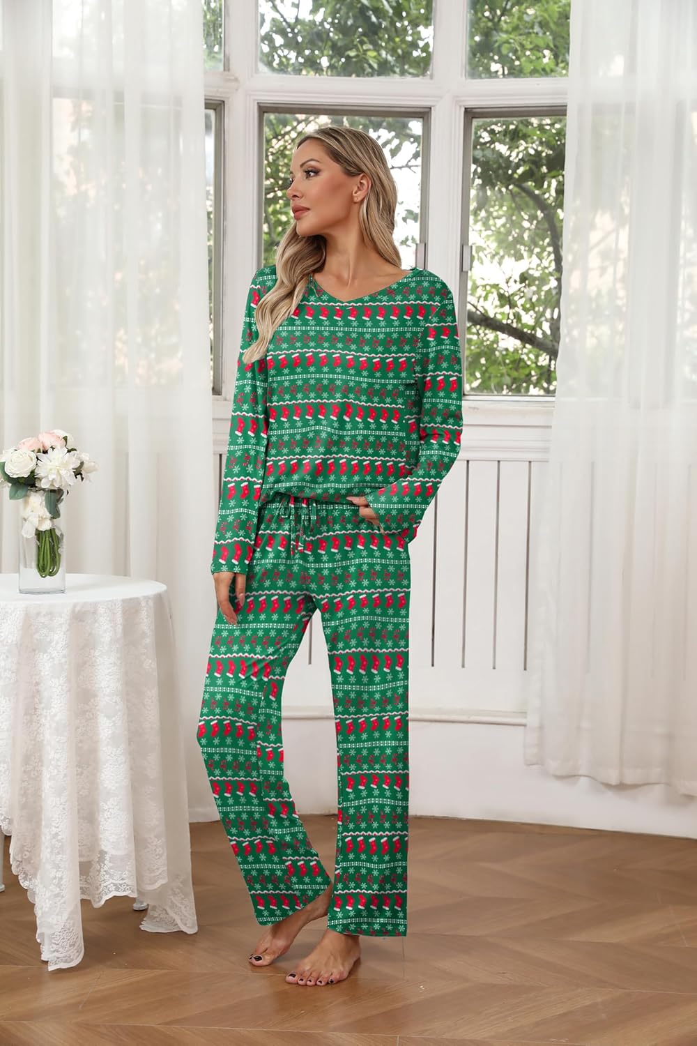 Ekouaer Womens 2 Pack Pajama Set Short & Long Sleeve Pajamas Top and Pants V Neck Pjs Set Soft Loungewear with Pockets - Image 3