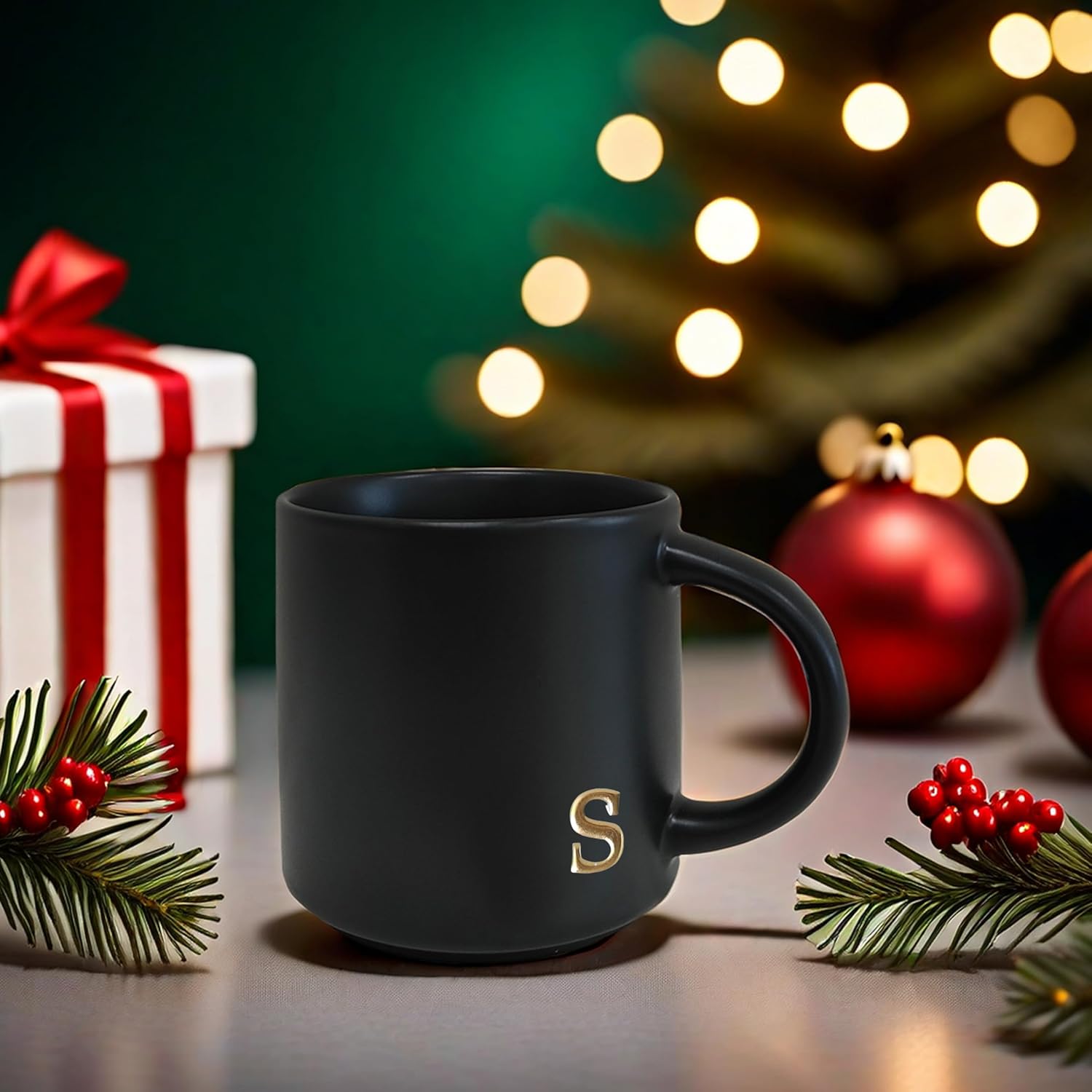 COLLECTIVE HOME - Black Monogram Ceramic Mugs, 15 oz Golden Initial Coffee Cups, Elegant Alphabet Tea Mugs, Personalized Halloween Mug with Gift Box, Perfect for Office and Home Décor (s) - Image 8