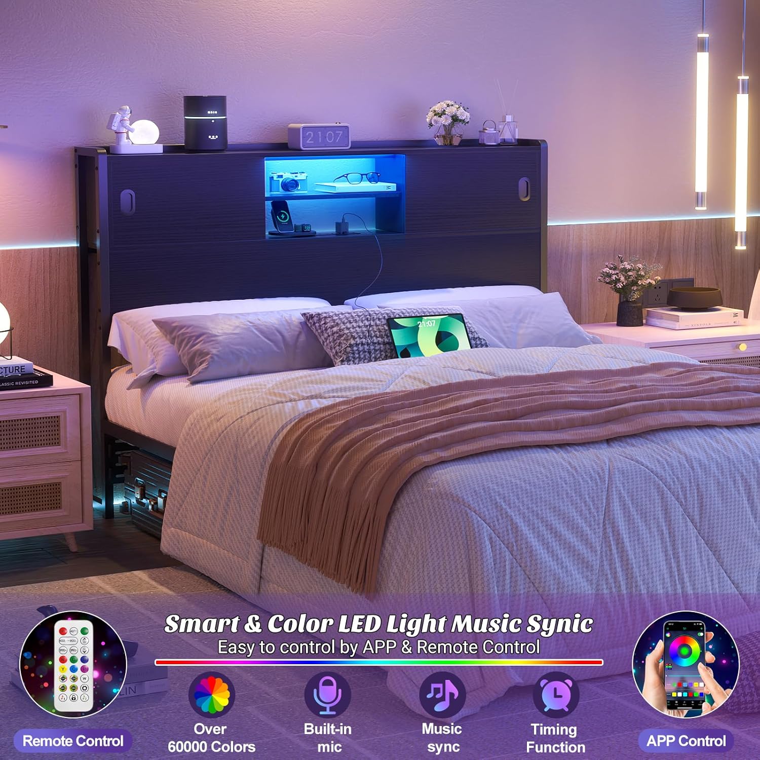 Homieasy Full Storage Headboard with Sliding Doors, Bookcase Headboard with Charging Station & Smart LED Light, Headboard Only for Full Bed, Wood Headboards with Bookshelf