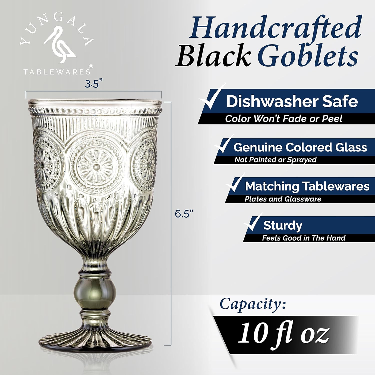 Yungala Smokey black Glassware Bundle - Smokey Black Wine Glasses & Smokey Black Highball Glasses - Smokey black Glassware Sets with Sunflower Emboss Design