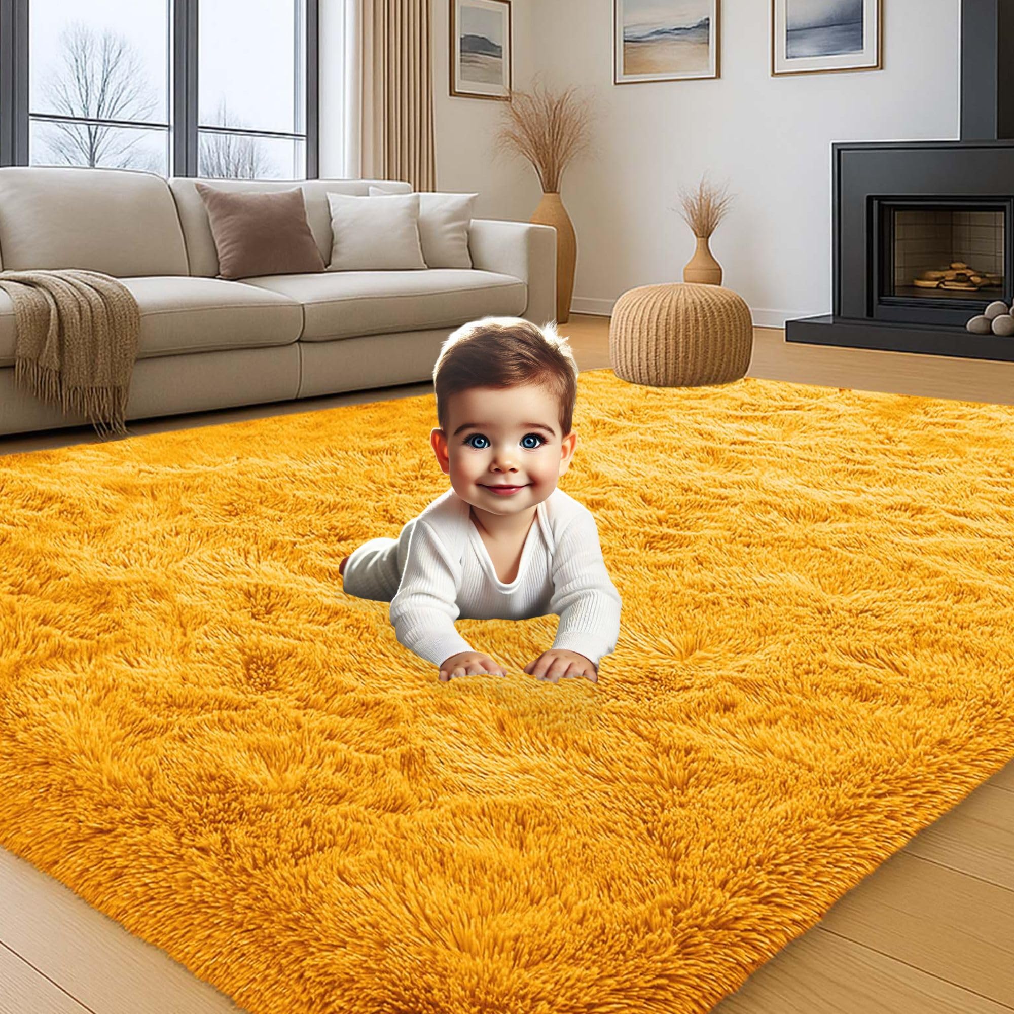 Aspire Homeware Rugs Living Room Large 200x290 Cm - Fluffy Area Rug - Modern Shaggy Rugs for Bedroom Super Soft Non Slip Thick Pile, Ochre
