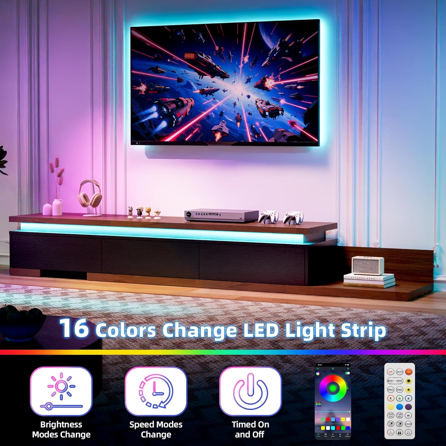 Extendable TV Stand with LED Lights (80” - 106”), Modern TV Console with 3 Drawers, Wooden Reversible Entertainment Center Up to 120 Inch TV, Living Room, Bedroom, Black & Walnut