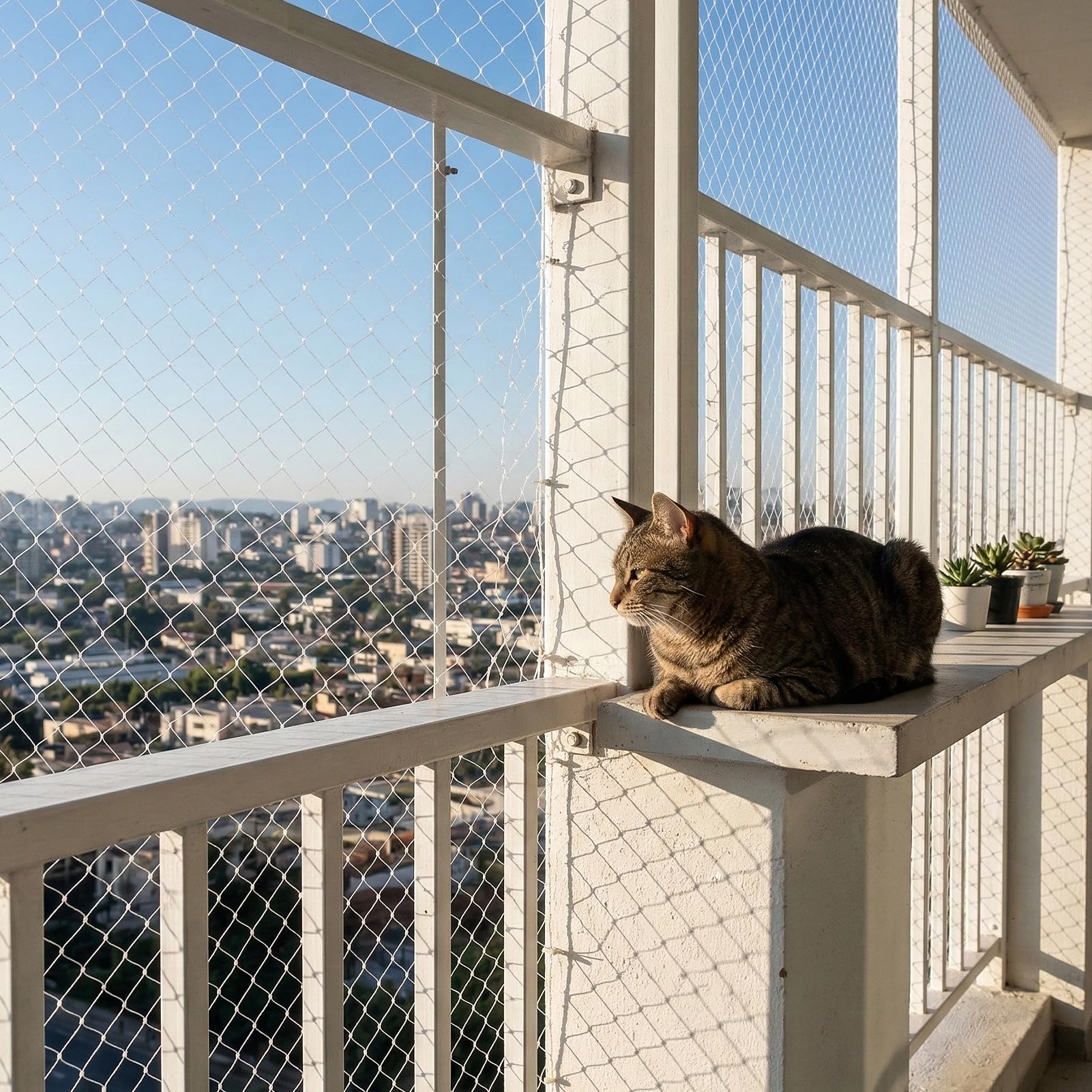 Rete per Gatti, Balcone, Senza Forare, 10 x 3 m, Rete Trasparente per Gatti, Protezione per Uccelli, con Corda Fissa e Accessori, per Balconi, Scale, Terrazze e Finestre (Bianco)