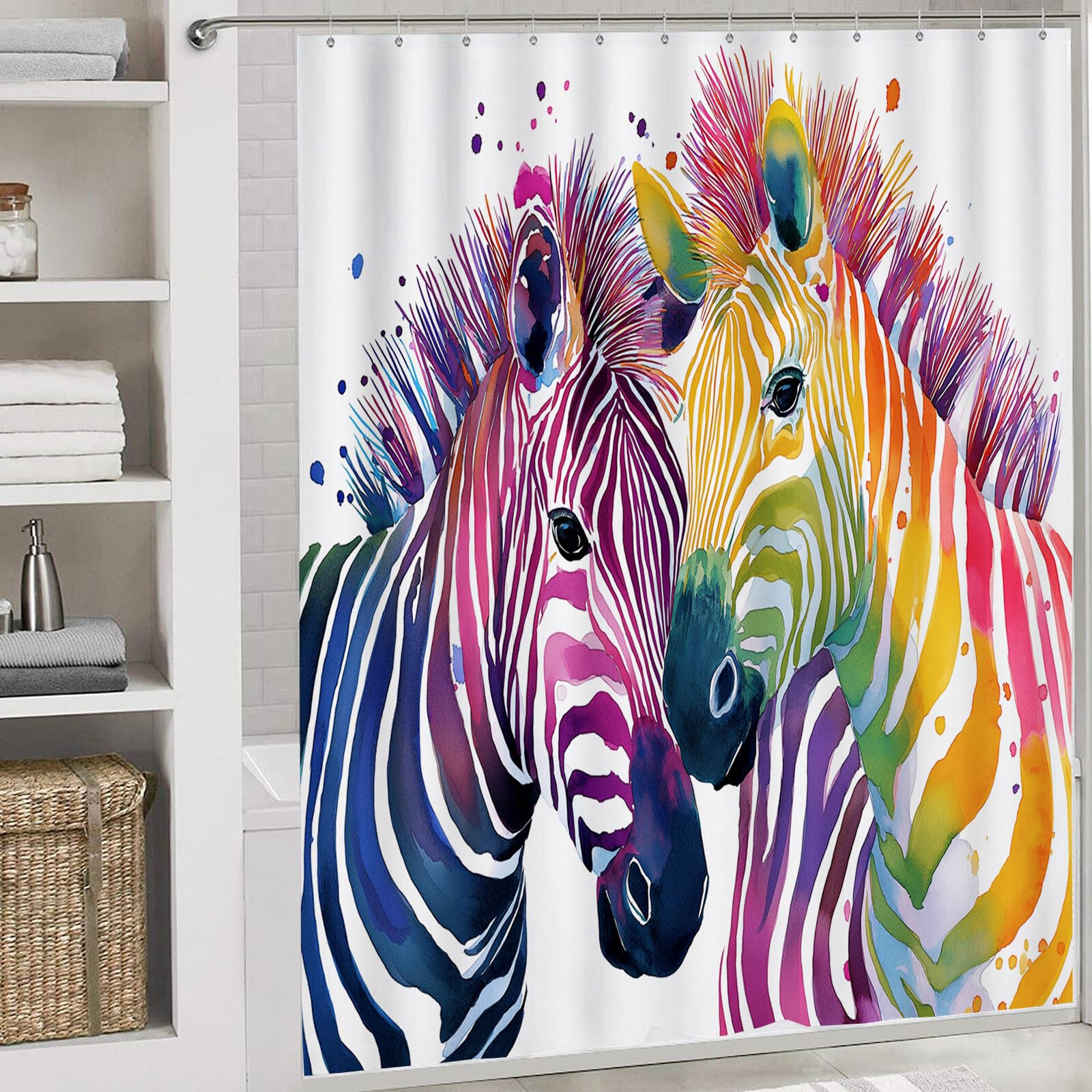 Rideau De Douche Zèbre Peint Animaux À L'Aquarelle Tissu Imperméable Lavable avec Crochets Anti Moisissure en Polyester Rideau Douche pour Salle De Bain