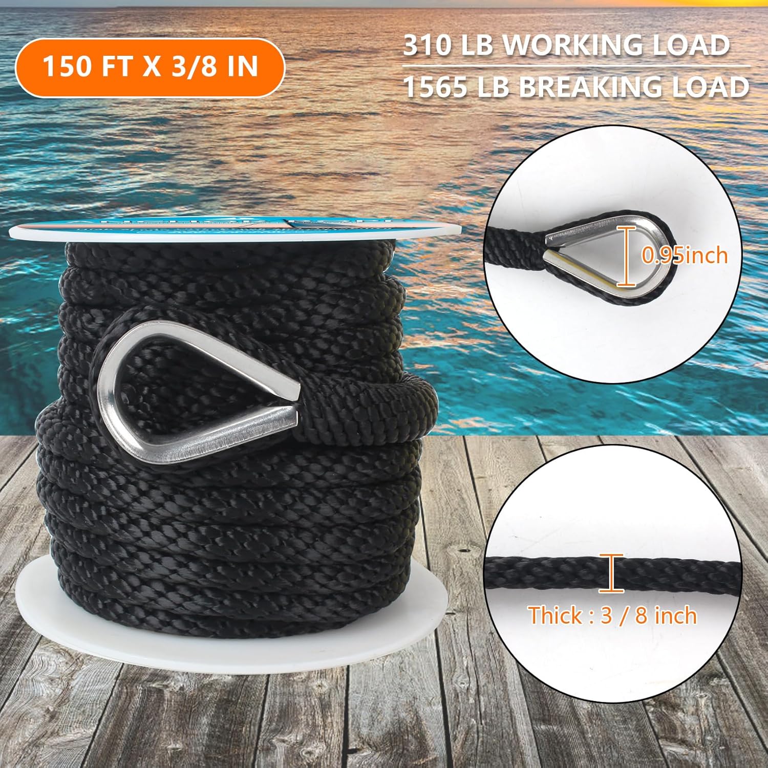 Anchor Rope 3/8 inch x150 ft, Premium Solid Braid MFP Anchor Line, Boat Anchor Rope with 316 Stainless Steel Thimble & Shackle, Black