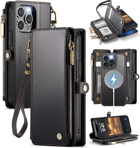 Defencase Funda magnética tipo cartera para iPhone 13 Pro Max compatible con Magsafe con bloqueo RFID, correa con cremallera, tarjetero para