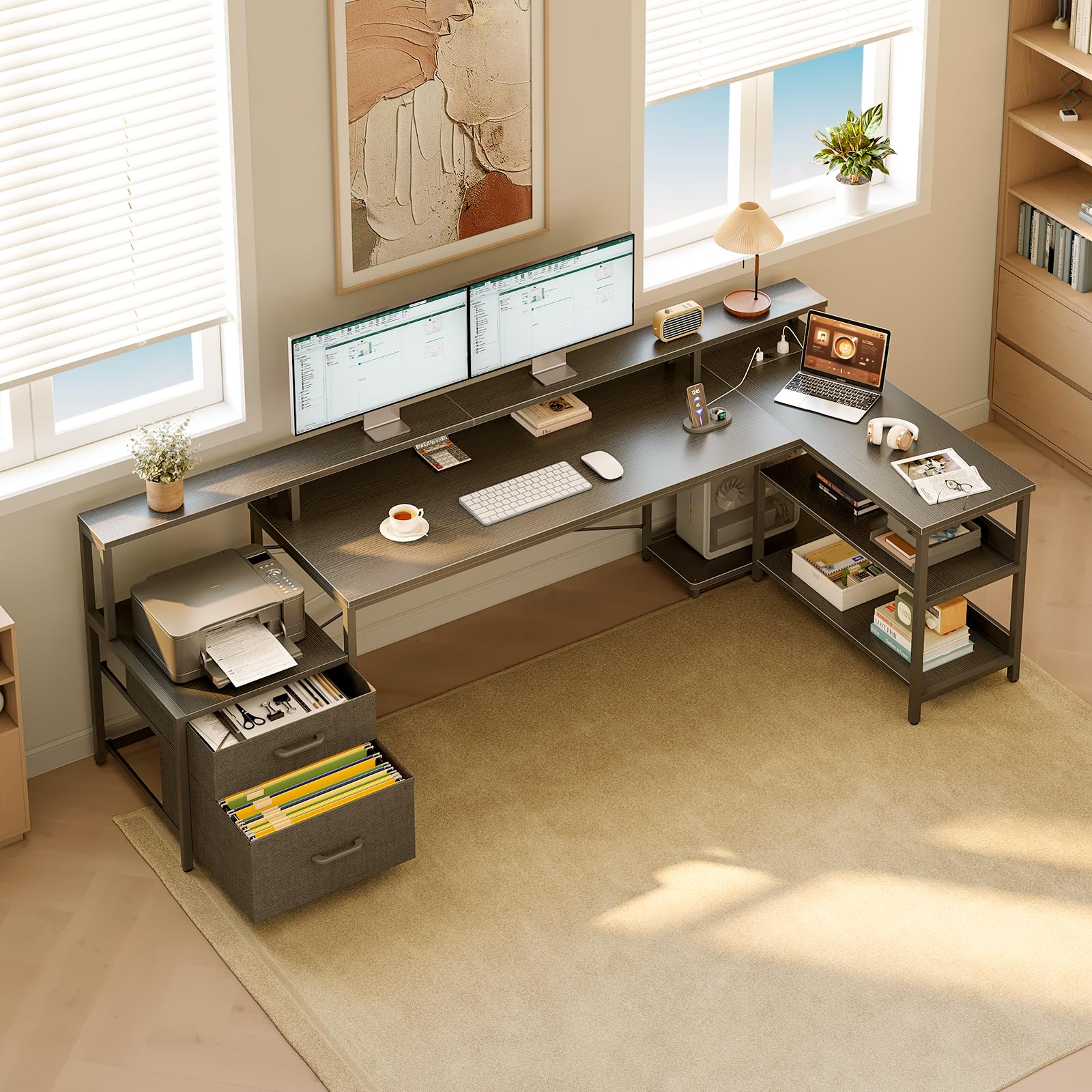 ODK Eckschreibtisch mit 2 Stoff Schubladen, 189.3×100 cm, Schwarz | Schreibtisch mit Steckdose & USB in L-Form, Gaming Tisch mit Monitorablage, Reversibel, für Homeoffice & Wohnzimmer
