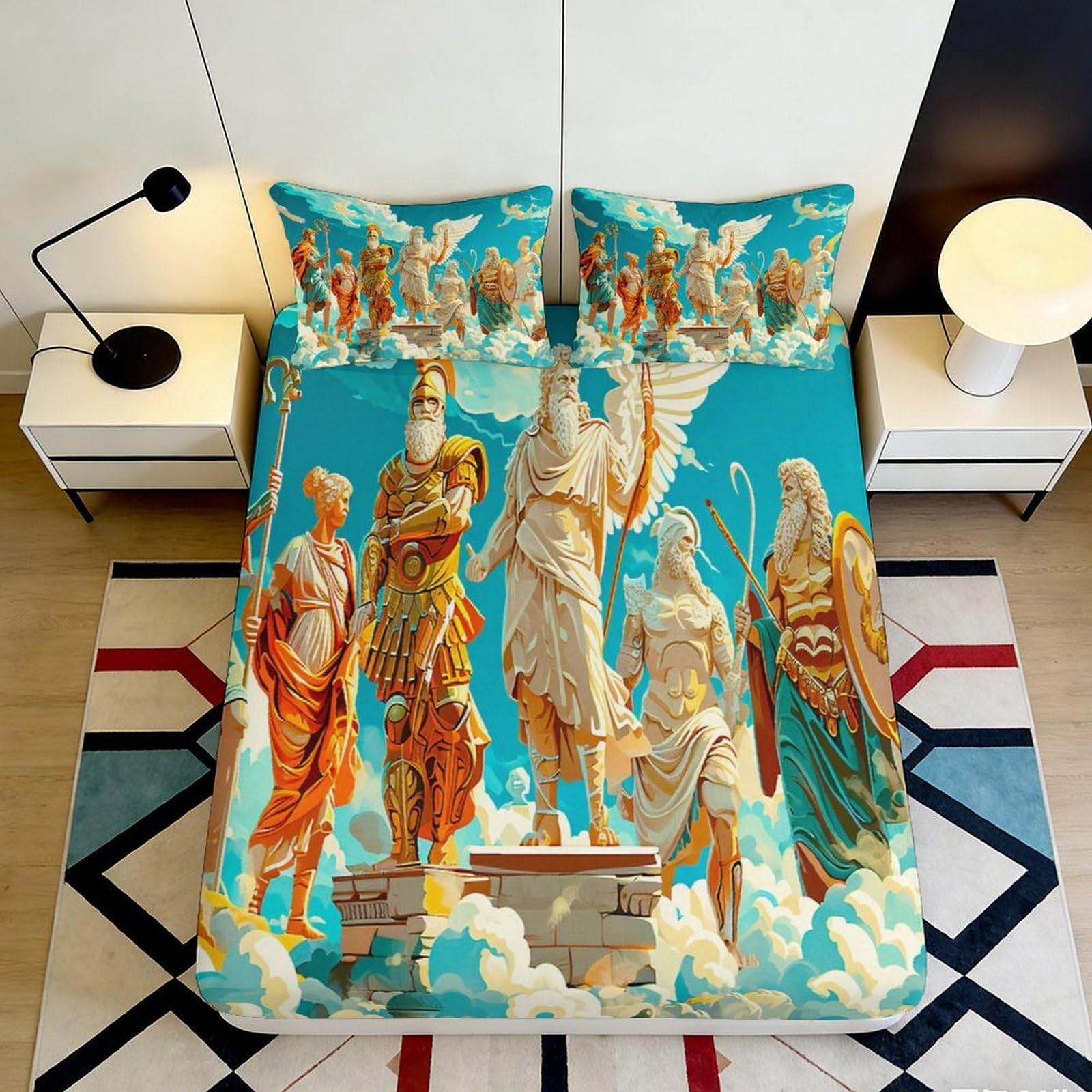 3D Printed Greek Mythology Fitted Sheet Microfiber Soft Durable 3D Printed Statue Bed Cover for Bedroom Dormitory Guest Room Mattress Protection 160x200x25cm