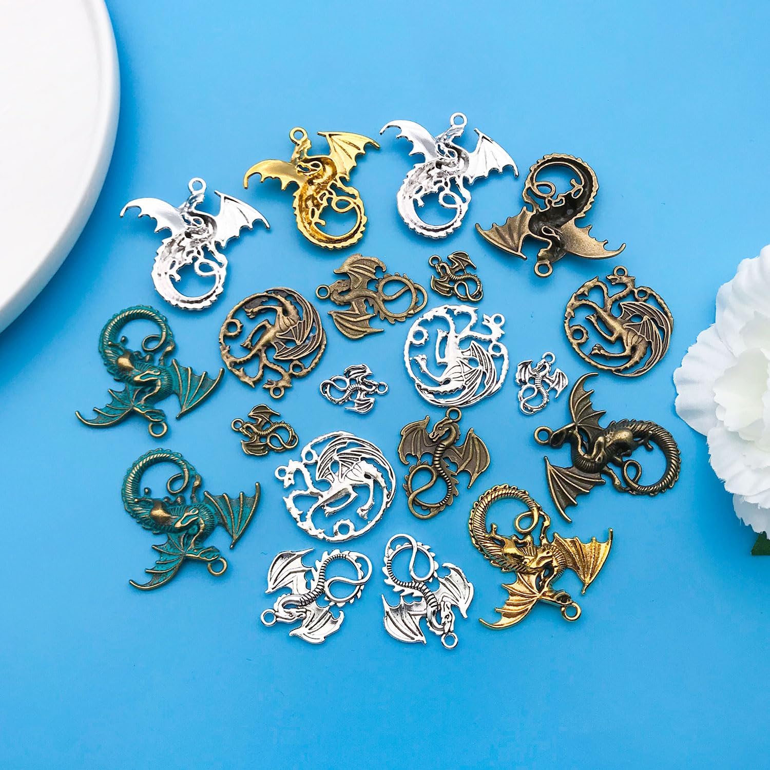 Youdiyla 20Pcs Little Fire Dragon Series Antique Silver KC Gold Pendant Jewelry Making DIY Keychain Earrings Pendant Various Design Charms for Jewelry Making Bracelets Necklace (M15) - Image 3