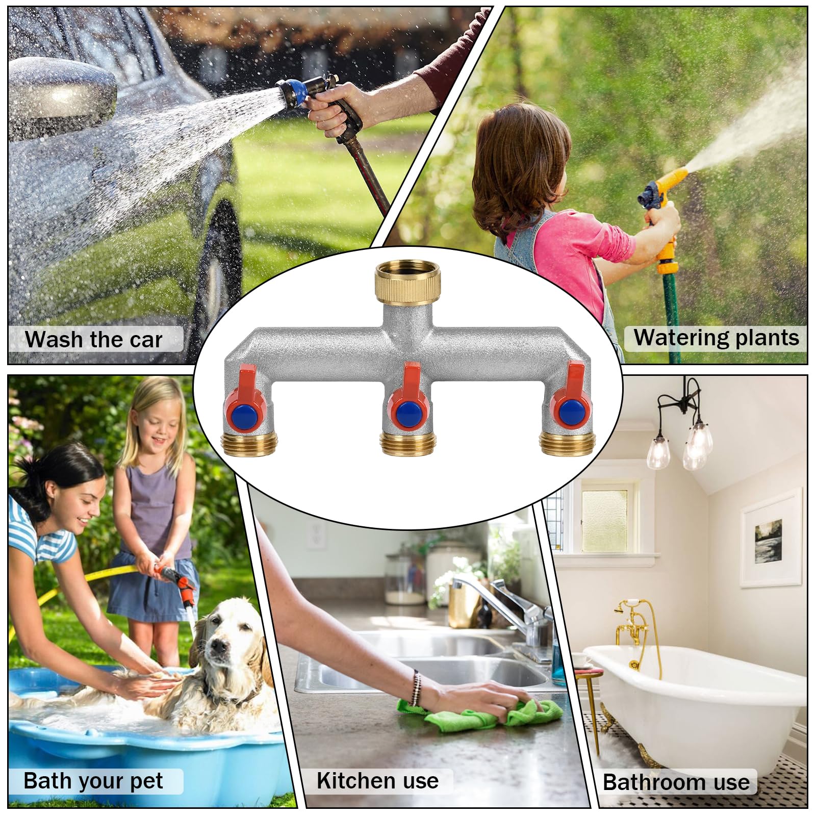 Répartiteur de robinet 3 voies en laiton de 1,9 cm avec 3 valves individuelles marche/arrêt et trois connecteurs rapides pour système d'arrosage de robinet de cuisine de jardin