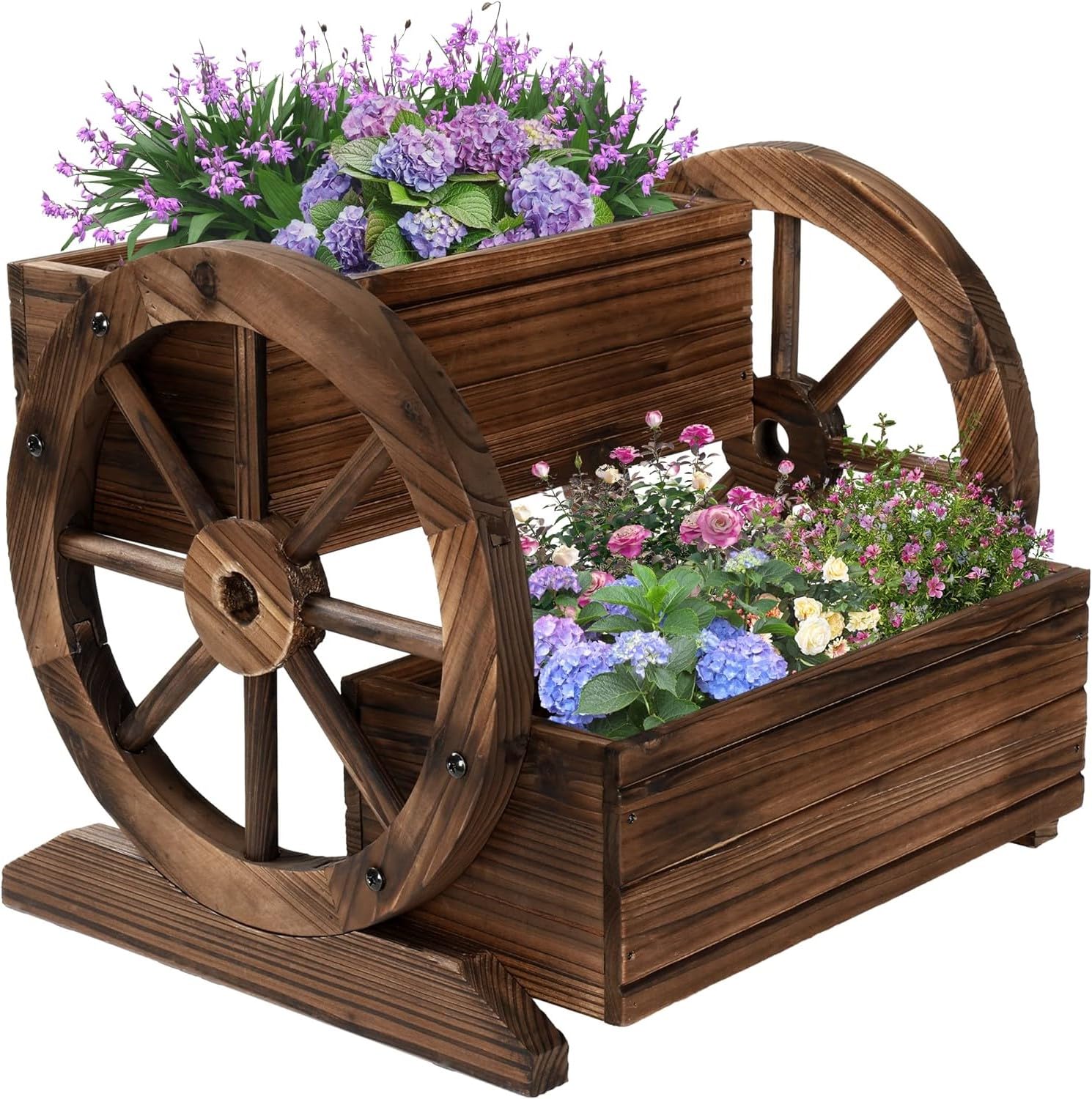 Wood Wagon Planter Box, Garden Planter with Wheels, Decorative Planter for Flowers Herbs Vegetables for Indoor & Outdoor Décor, Wagon Wheel Decor for Patio Garden Balcony