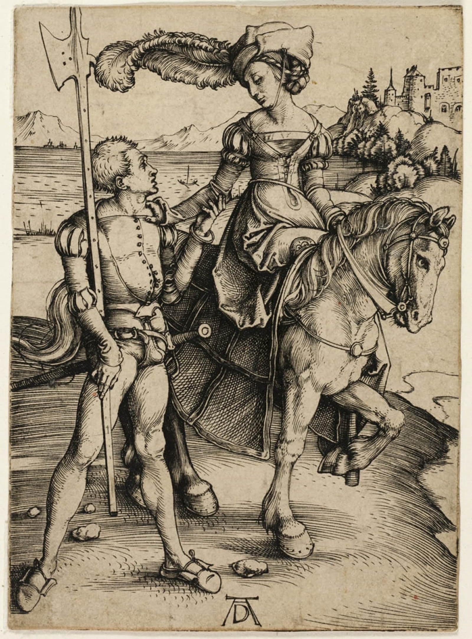 ARTXLXXBN Famous Painting Art Wall Decor Abstract Art Picture Lady on Horseback and Landsknecht by Albrecht Dürer Animal Pictures for Home Decor 60x90cm