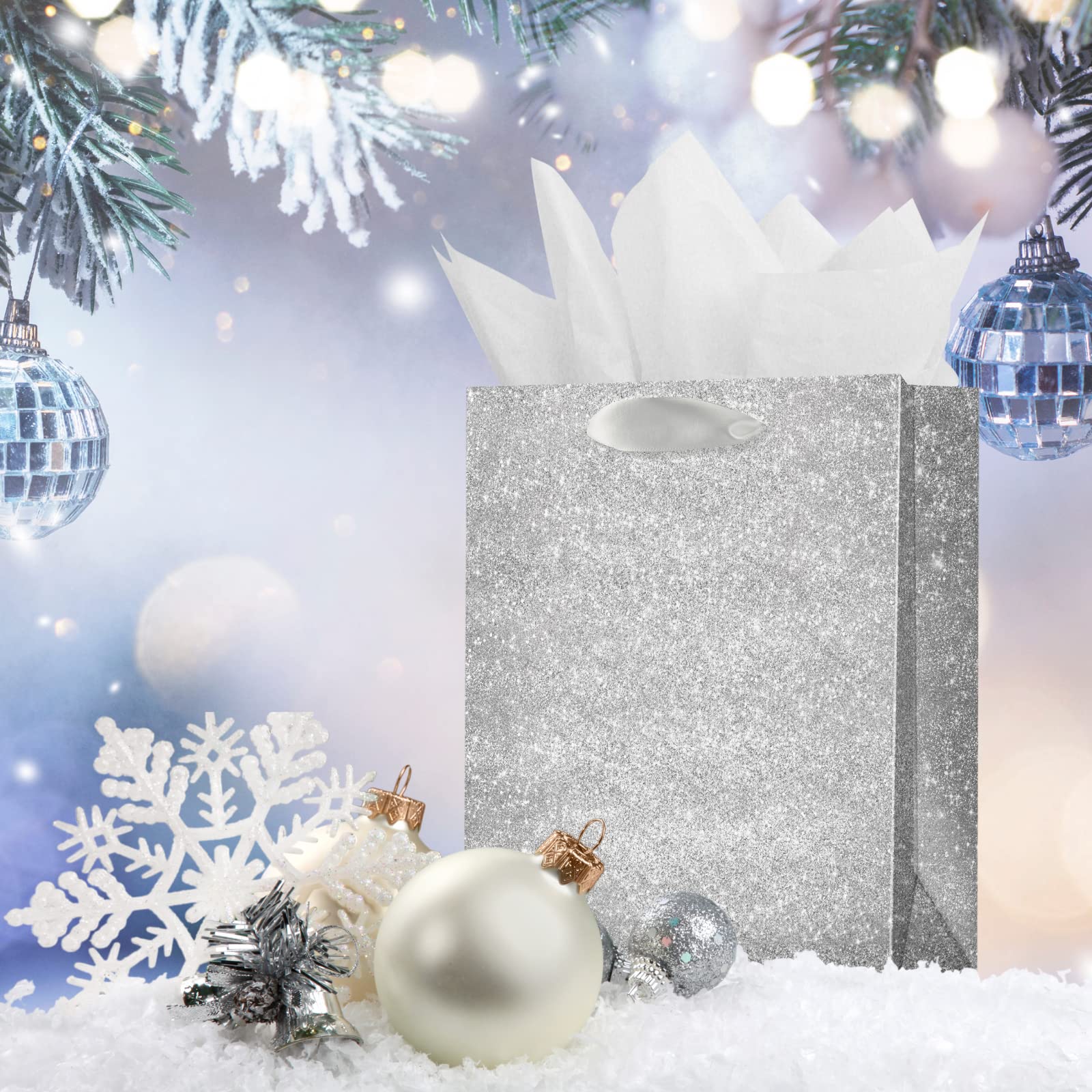 UNIQOOO 12Pcs Embossed Silver Glitter Christmas Gift Bags with 24 Tissue Paper Bulk, M 9x7 Inch, Xmas Silver Gift Wrap Bags, Wedding Bridal Baby Shower Favor Bag Gift Packaging, Birthday Holiday Party