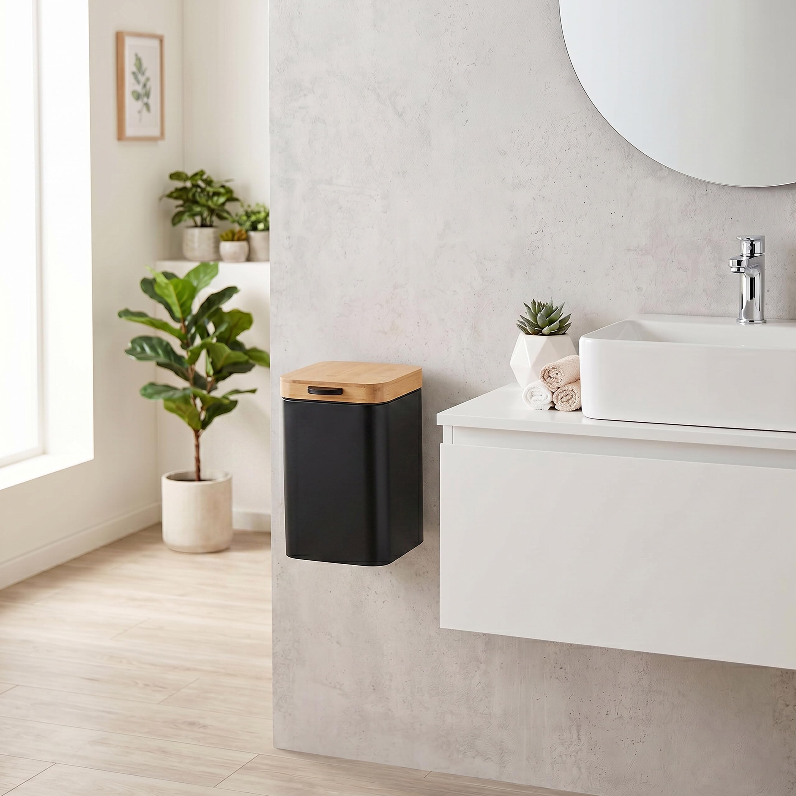 Relaxdays - Cestino cosmetici da parete, 3 l, nero/naturale | Chiusura soft-close, secchio interno, metallo, rettangolare