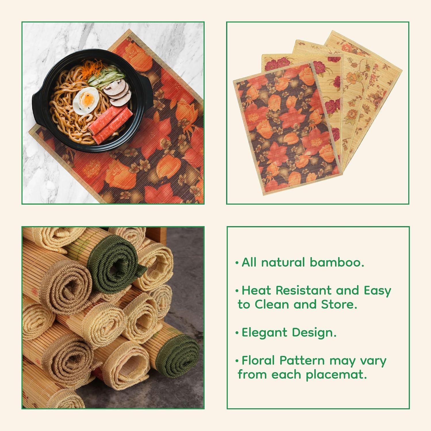BambooMN Premium Bamboo Slats Placemat with Fabric Border - Floral Print - 12" x 17.5" - Autumn Roses, 6 pcs