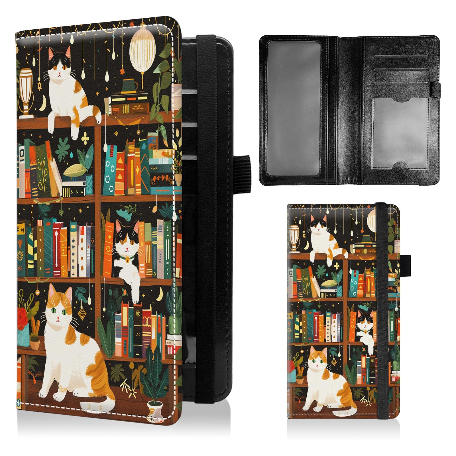 NLZQTTBD Checkbook Cover for Personal Checkbook for Men & Women Check Book Cover Wallet Cute Pu Leather with Pen Holder Card Slots Elastic Strap with Duplicate Checks Three Cats On The Bookshelf