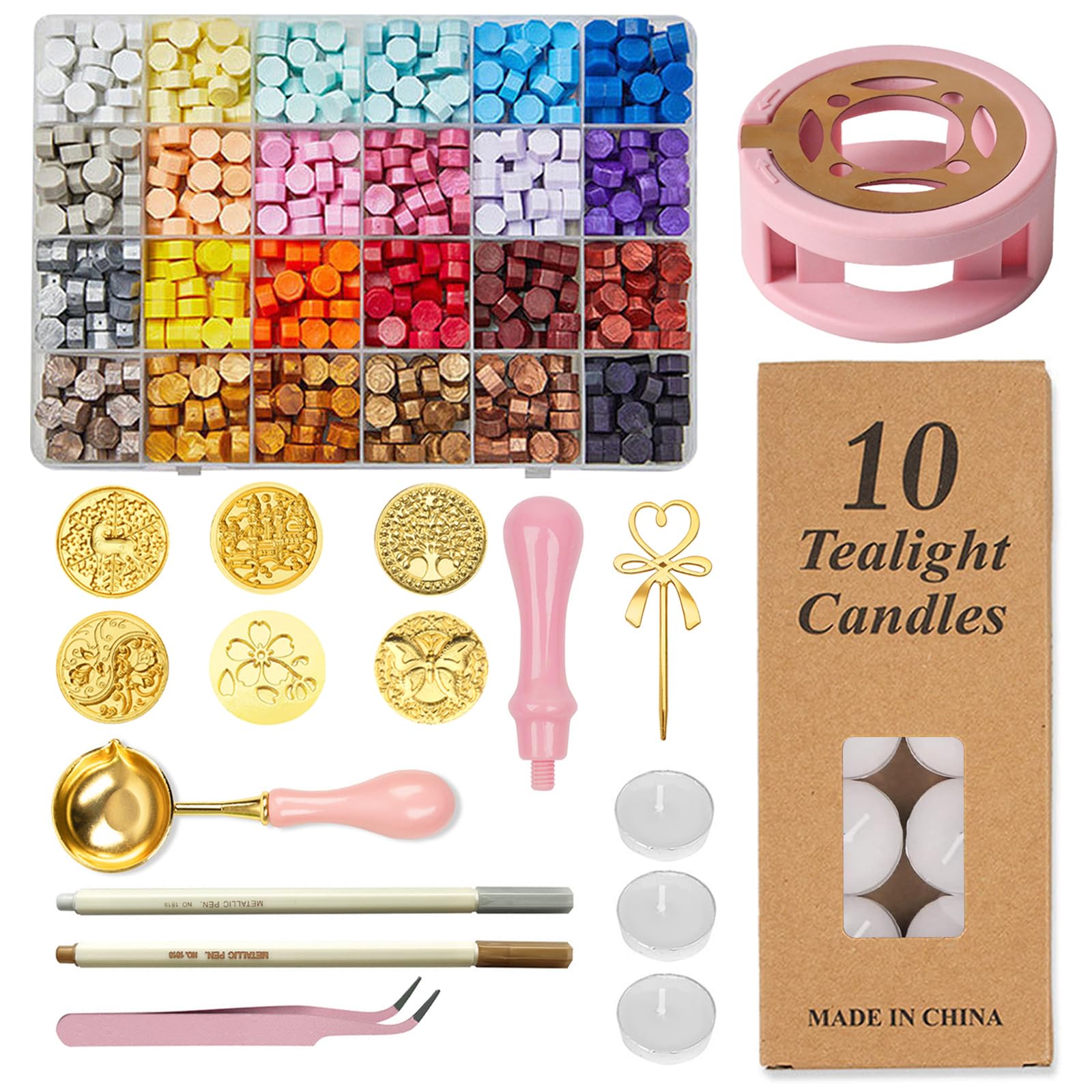 Siegelwachs Set 1300 Teile - Wachsperlen 8 Farben + Stempel + Heizung Komplett