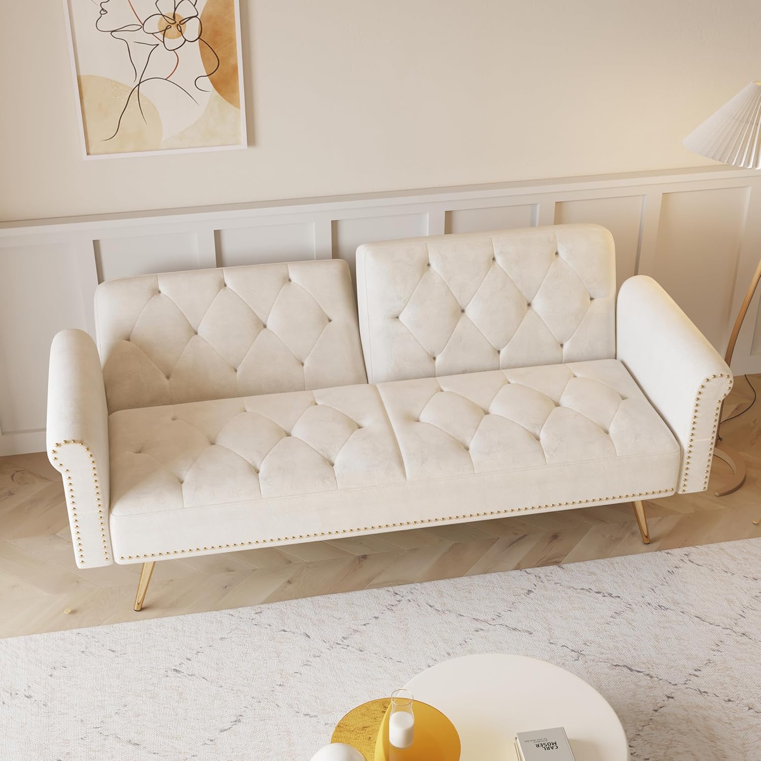 ERYE Tufted Futon Sofa Bed Modern Velvet Upholstered Loveseat Sleeper Futon Sofabed with Split Adjustable Backrest, Nailhead Decor and Elegant Golden Legs for Home Apartment RV Office Studio Bedroom