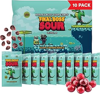 Final Boss Holiday Sour Candy, Sour Cranberries, 10 Pack, Level 2, Fruit Chews with Real Dried Fruit, No Artificial Colors or Flavors, Low Calorie Snack for Kids, Teens, Adults, Lunch Boxes