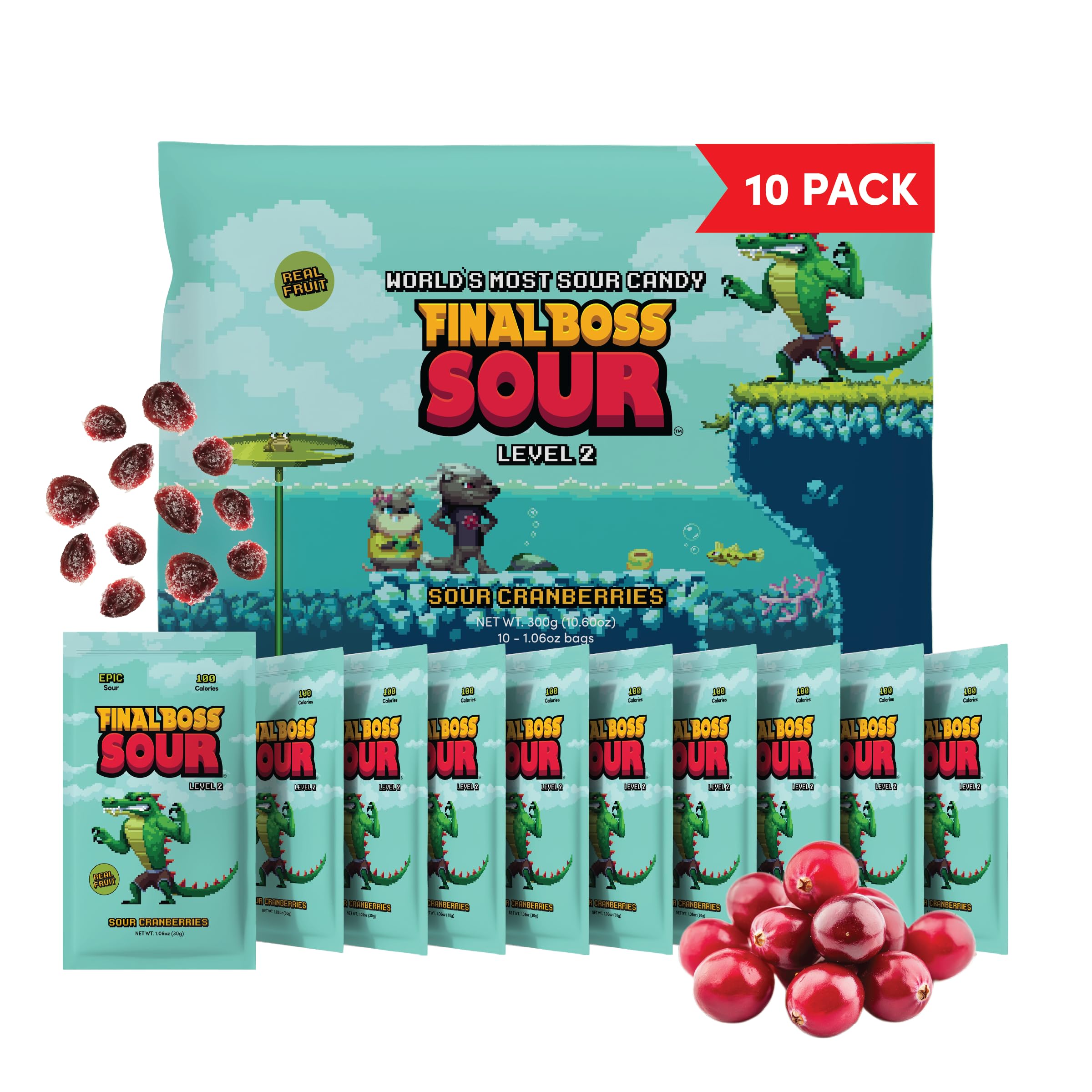 Final Boss Holiday Sour Candy, Sour Cranberries, 10 Pack, Level 2, Fruit Chews with Real Dried Fruit, No Artificial Colors or Flavors, Low Calorie Snack for Kids, Teens, Adults, Lunch Boxes