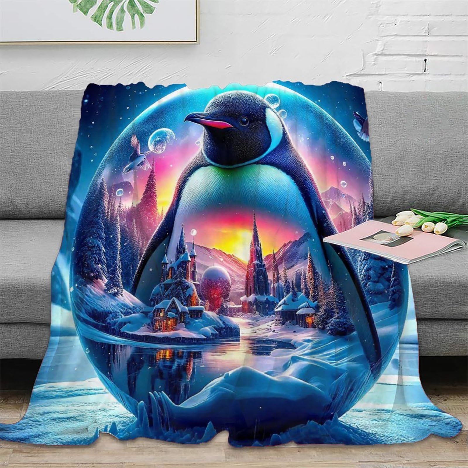 Couverture pingouin 3D plaid chaud en microfibre pour vos soirées cocooning au canapé