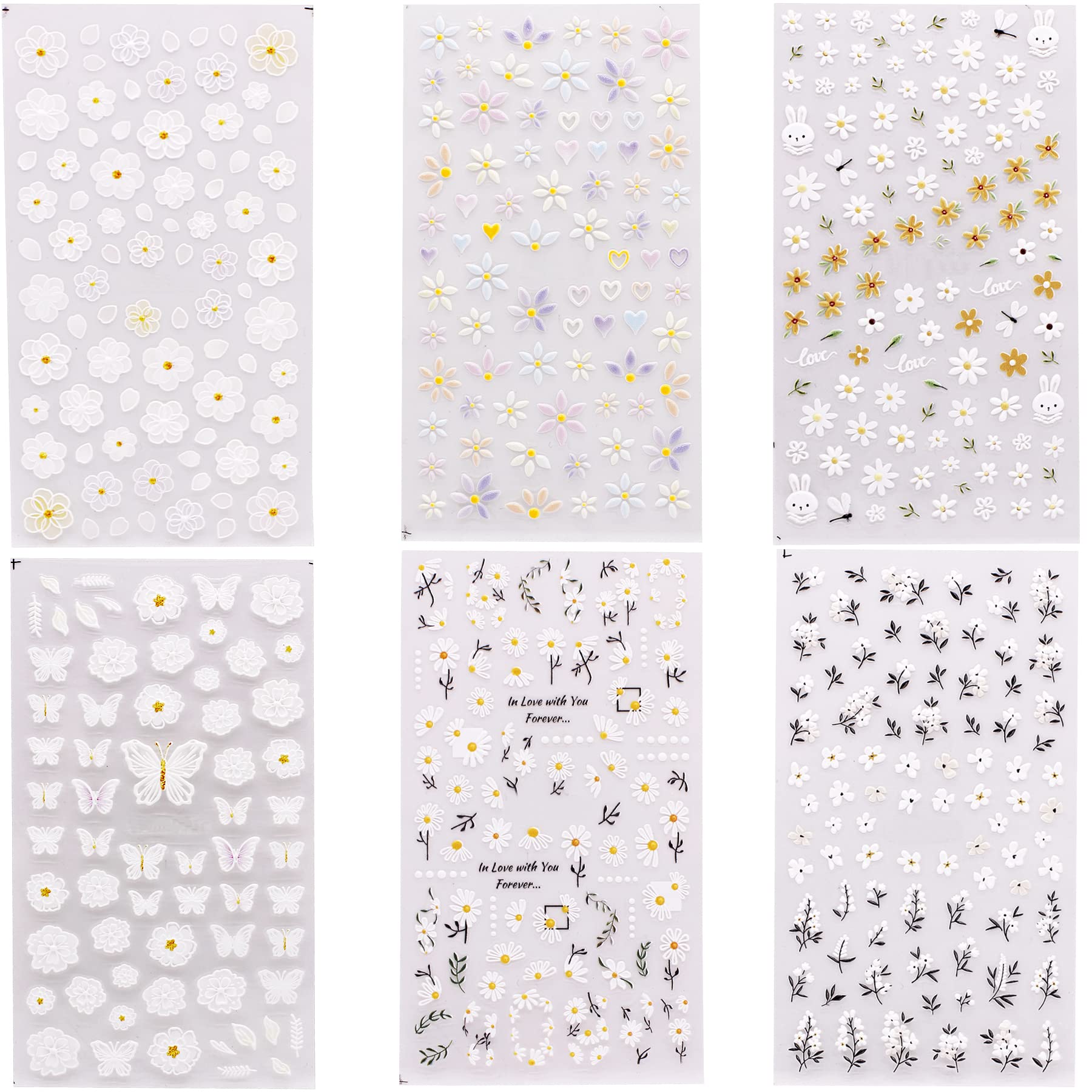 BIHRTC 6 Sheets 5D Embossed Nail Art Stickers Nail Stickers Floral Flower Nail Art Water Decals Nail Accessories for Women Girls Nail Art Decorations Supplies Nails Manicure Decor