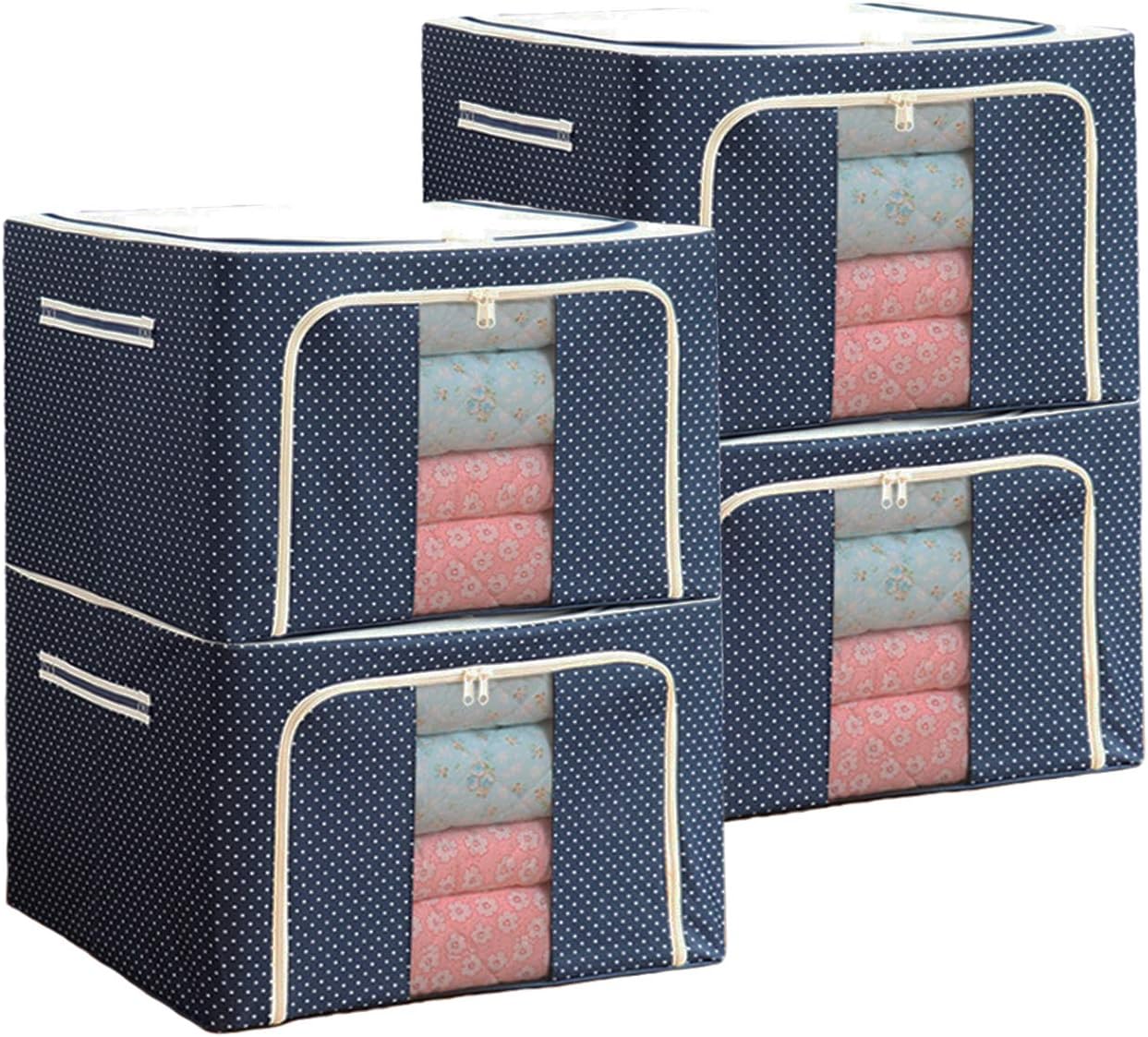 Clothes Storage Bag 100L Large Capacity Organizer with Reinforced Handle Thick Fabric for Comforters, Blankets, Bedding, Foldable with Sturdy Zipper, Clear Window，3 fixed folding steel frames (4 Pack)