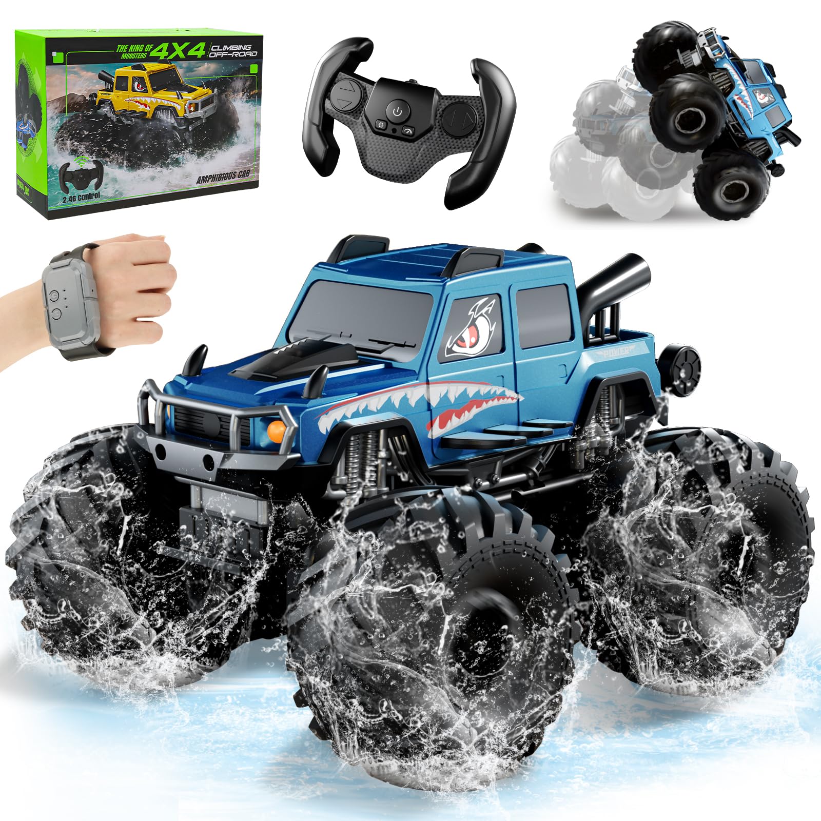 Macchina Telecomandata 4x4 per Bambini 6-12 Anni con Sensore Gesti - Blu | Veicolo Anfibio Telecomandato, Auto Radiocomandata Truck per Sabbia, Prato, Acqua e Terreno, Giocattoli per Ragazzo