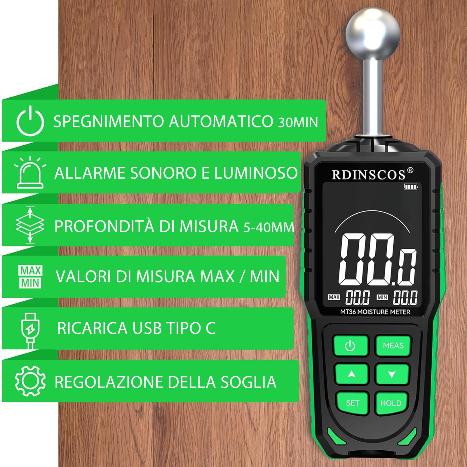 RDINSCOS Misuratore di Umidità del Legno, Igrometro Digitale Professionale Rilevatore di Umidità per Legni, Muri e Pavimenti Tester di umidità Tester (MT36)
