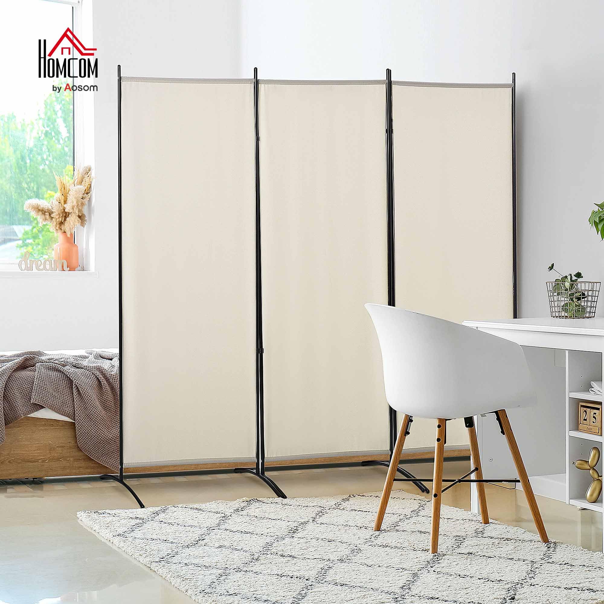 HOMCOM Paravent 3 Panneaux dim. 2,53L x 0,5l x 1,82H m Store latéral Brise-Vue paravent sur Pied séparateur métal Polyester Haute densité Beige