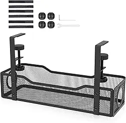 Bandeja de gerenciamento de cabos sob a mesa, organizador de cabos de malha de aço sem broca, com braçadeira, organizador de cabos de policarbonato para escritório e casa, cabe em mesas de até 7,6 cm