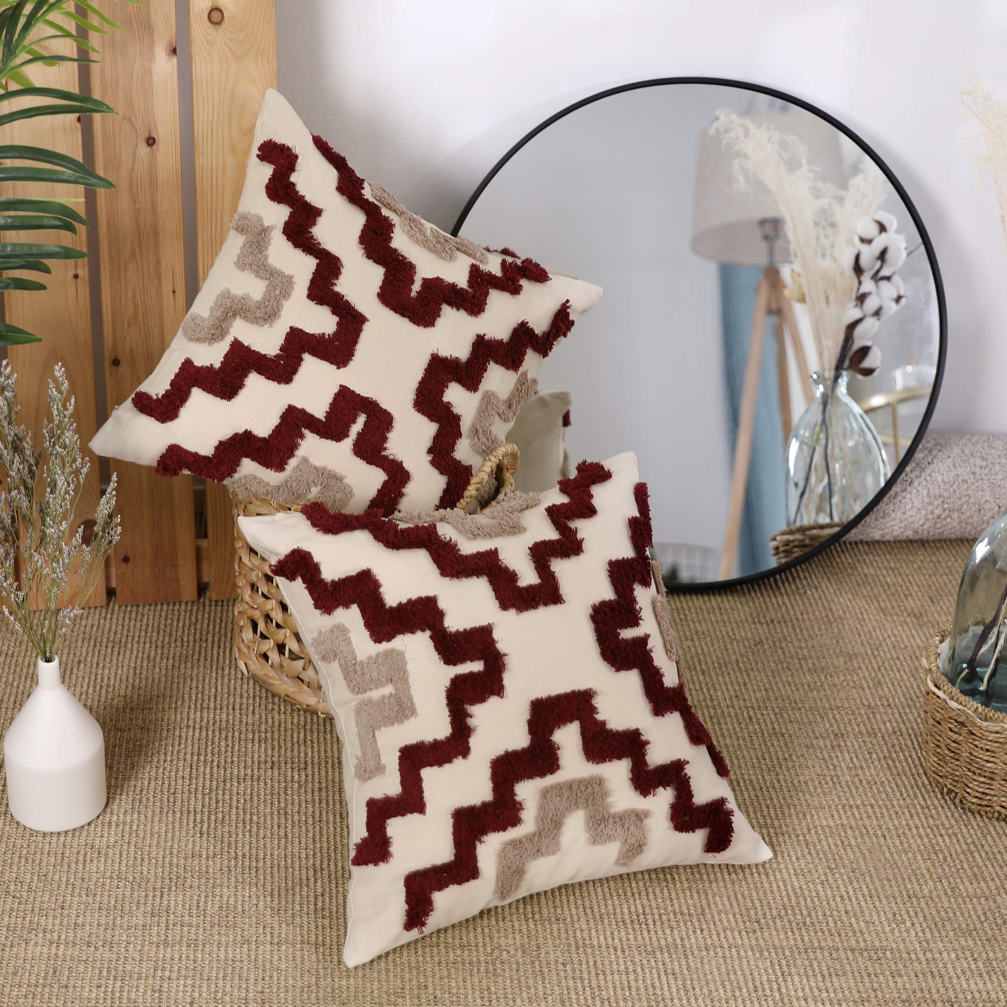 Deconovo Red And Flaxen Cotton Cushion Covers 45Cm X 45Cm Right Triangles Embroidery Square Throw Pillow Cases For Christmas With Invisible Zipper 18X18 Inches Pack Of 2