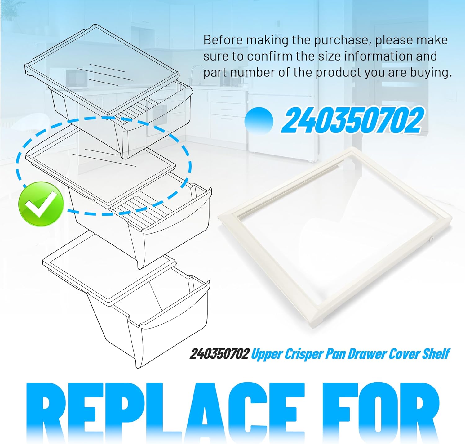 HECASA 240350702 Crisper Pan Drawer Cover Shelf Frame Compatible with Electrolux Refrigerator Crosley Frigidaire Gibson Kelvinator White Replacement only