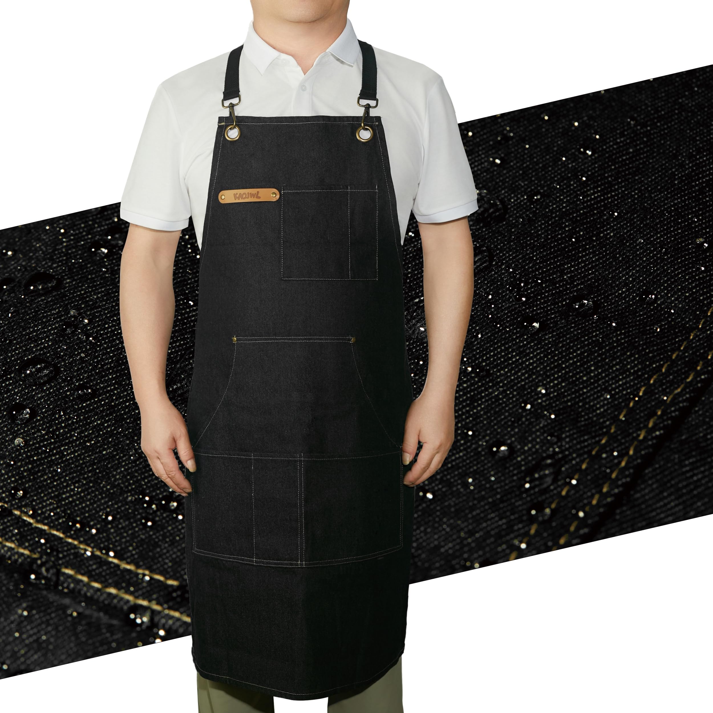 KAQJWL Unisex Chef Apron – Cross-Back, Large Pockets, Water-Resistant Cotton Canvas (Black Denim)