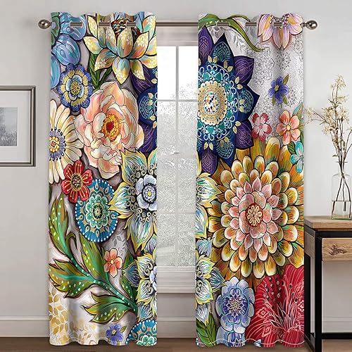 YELDAN Cortinas nórdicas, cortinas opacas de flores para sala de estar y dormitorio, cortinas con ojales con aislamiento térmico, tratamientos