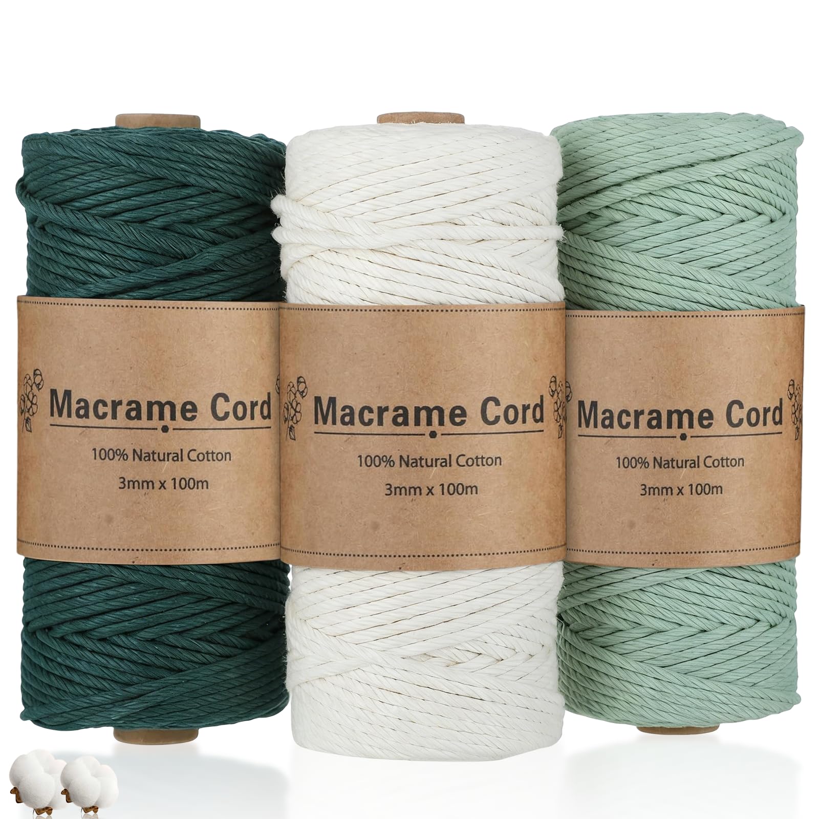 3 Rolls Premium Cotton Macrame Cord, 3mm x 100m Thick Braided Rope, Twisted Macrame Yarn, Hand Knitting Thread for Wall Hangings, Plant Hangers, DIY Crafts (Beige, Light Green, Dark Green)