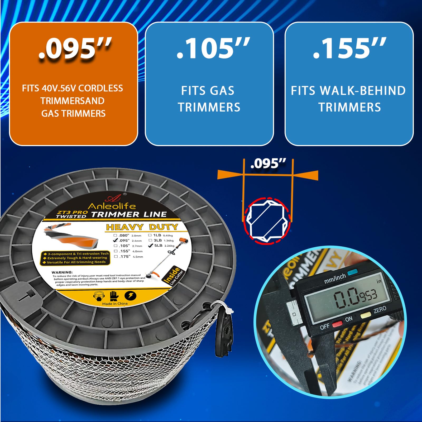 A ANLEOLIFE Carrete de Hilo Trenzado para desbrozadora ZT3 Pro de 5 Libras, Resistente, de Diamante, de 0,095 Pulgadas por 1870 pies, triextrusión de 3 componentes, de 2,4 mm por 570 Metros.