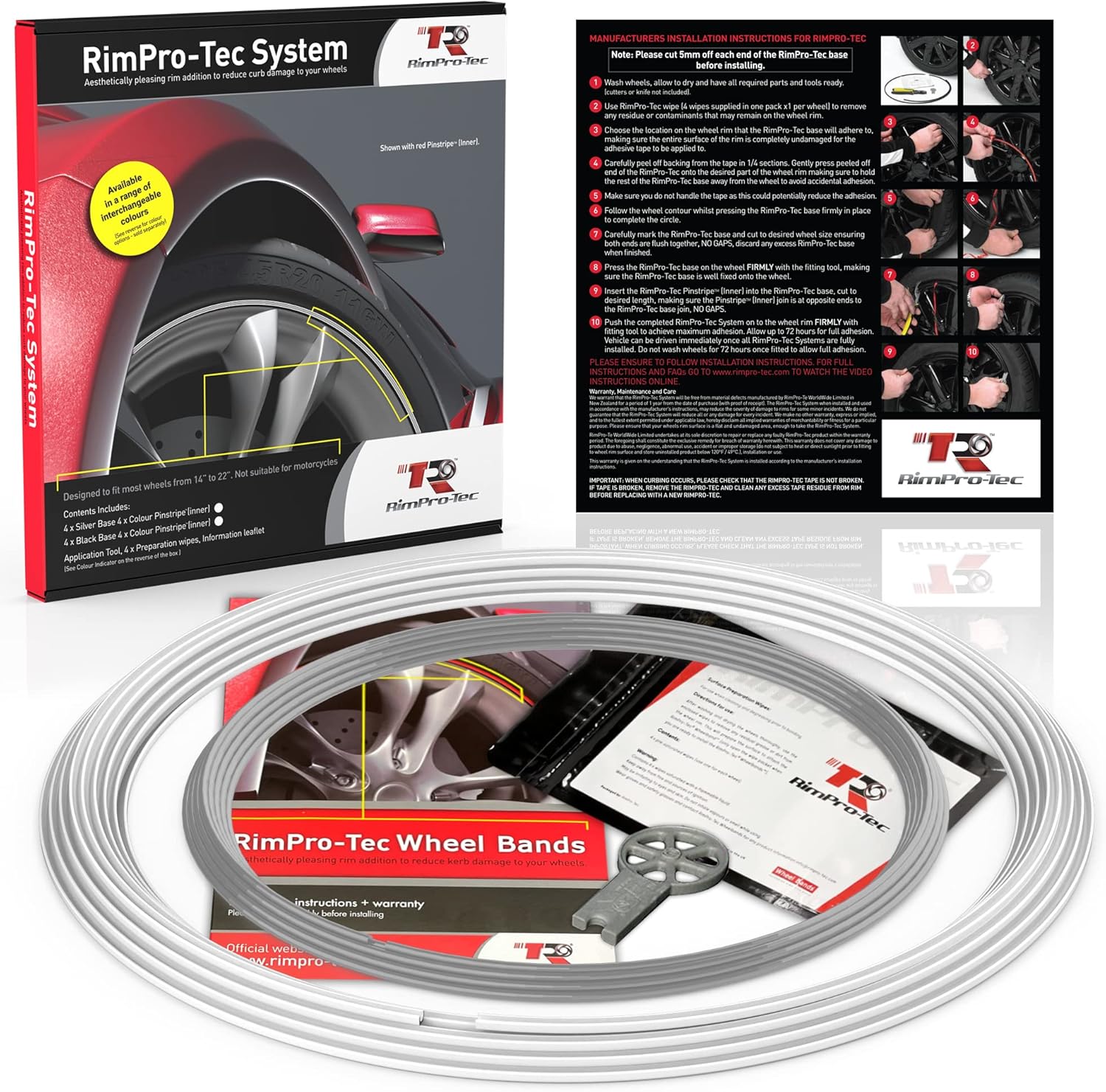 Rimpro-Tec Wheelbands Rim Protectors for Car Wheels Protection and Decor, Suitable for Tesla 4mm Flat Edge and All Other Cars, Easy-to-Install Fit from 12'' to 22'‘ Base: White, Inner: Silver.