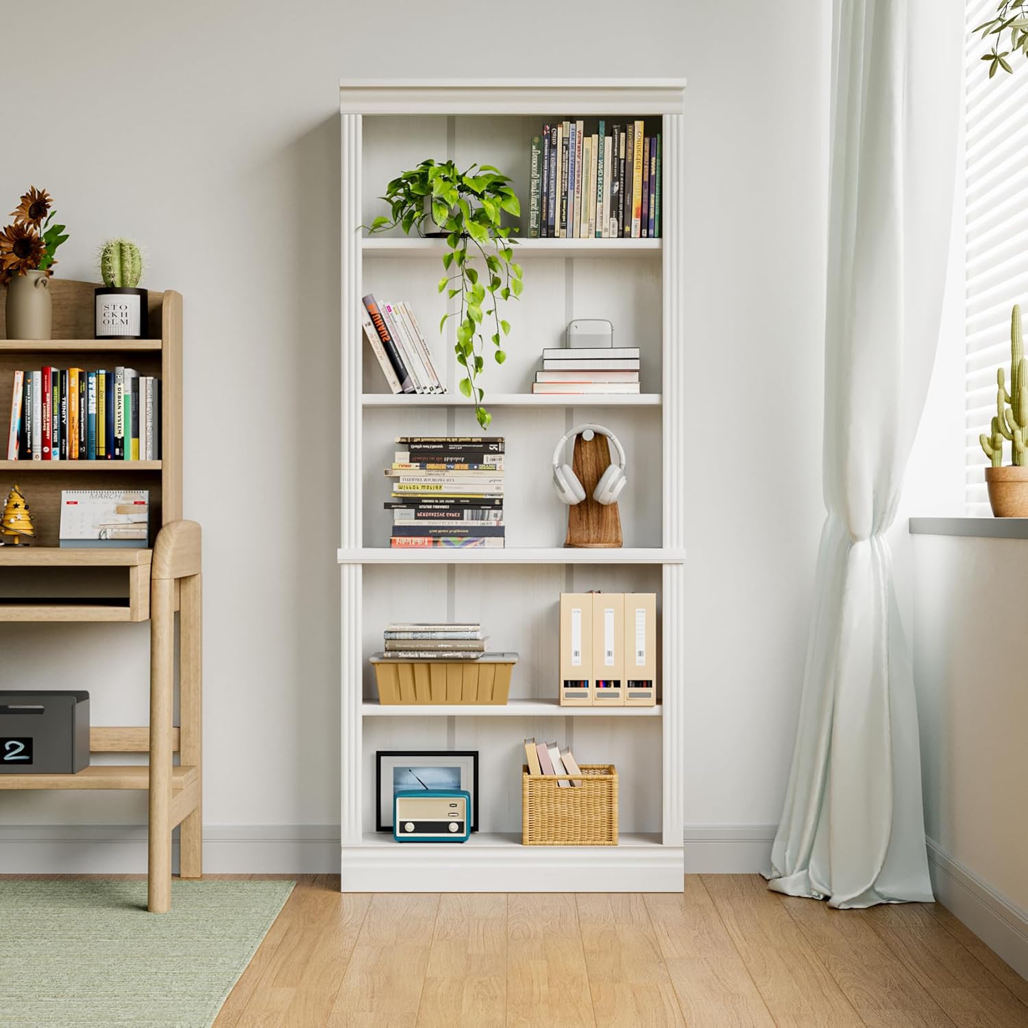 Shahoo 72" Bookcase and Bookshelf, 5-Tier Wood Bookcases with Shelves, Tall Floor Standing Book Shelf Storage Cabinet Home Decor Furniture for Living Room, Home Office 1 Pcs, White